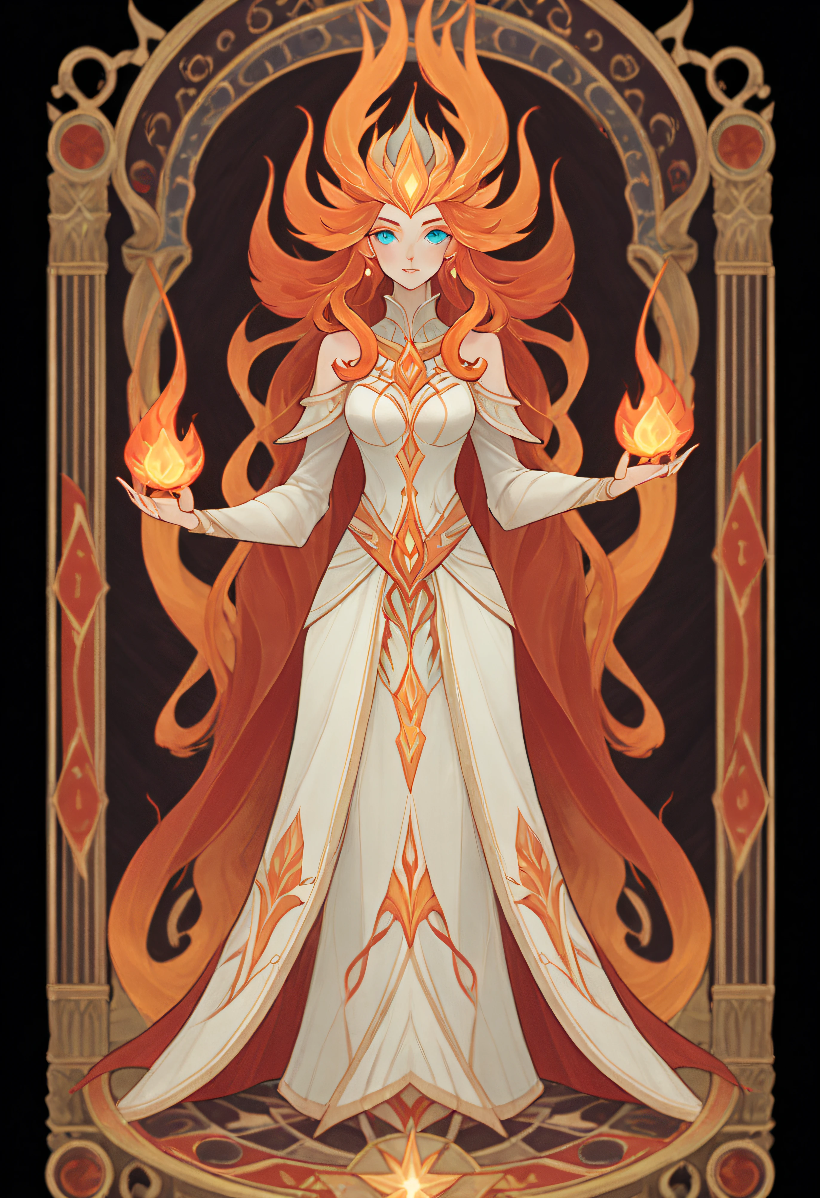 Full body portrait of 1 girl, Flame Mage, Gorgeous long dress, standing on your feet, (((独奏))), Clear facial features, Simple line design, ((tarot card background, symmetric beauty)), perfectly symmetrical, The art of symmetry, Standing drawings of characters, ((flatcolors)), tmasterpiece，top Quority，best qualtiy，超高分辨率, ((Clear facial features，beautidful eyes，beauitful face, Exquisite facial features))