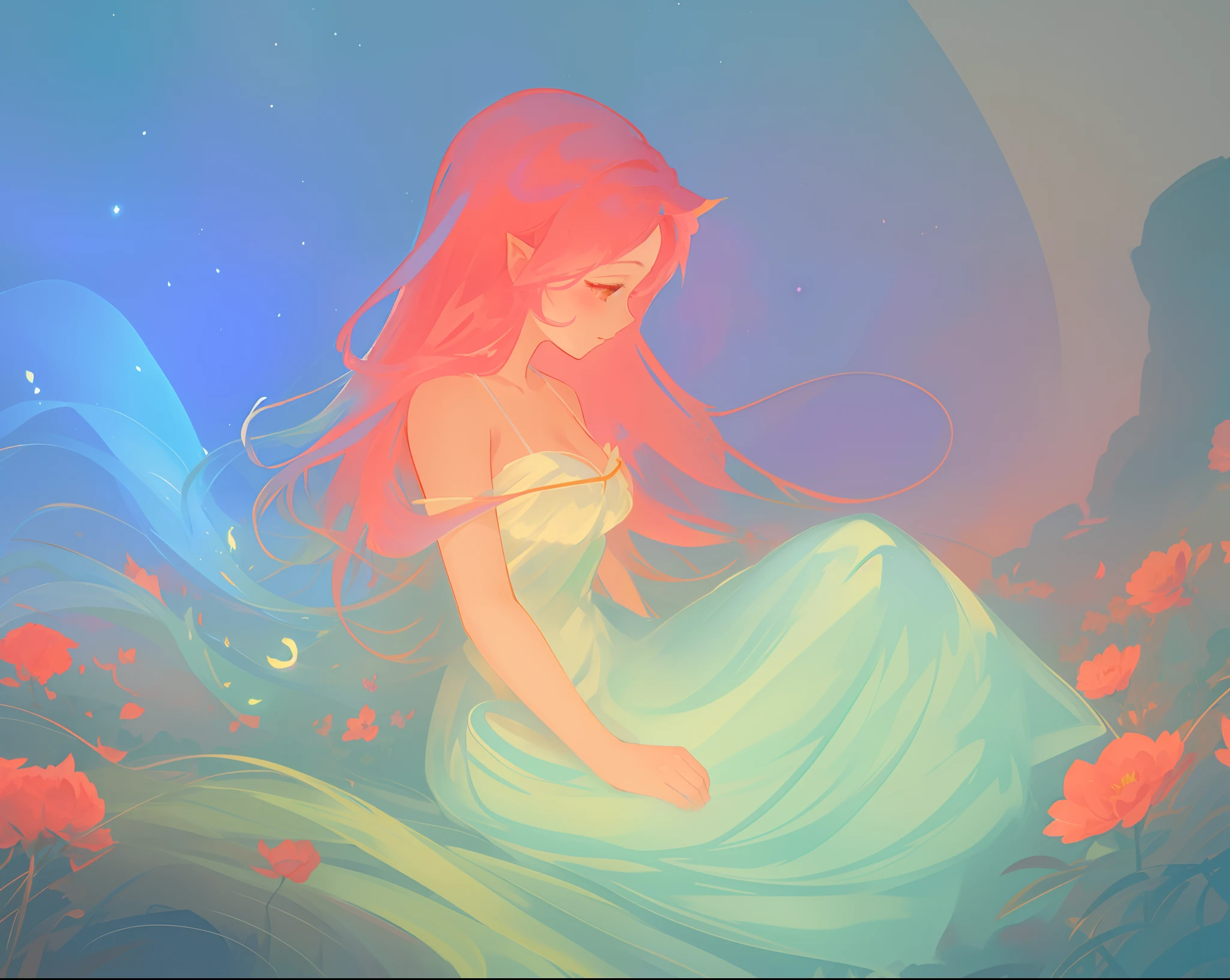 beautiful girl in white dress, fairy dress, beautiful girl sitting in a field with pink red flowers, glowing lights, whimsical landscape, long pink flowing hair, watercolor illustration, inspired by Glen Keane, inspired by Lois van Baarle, disney art style, by Lois van Baarle, glowing aura around her, by Glen Keane, jen bartel, glowing lights! digital painting, flowing glowing hair, glowing flowing hair, beautiful digital illustration, fantasia otherworldly landscape plants flowers, beautiful, masterpiece, best quality, anime disney style