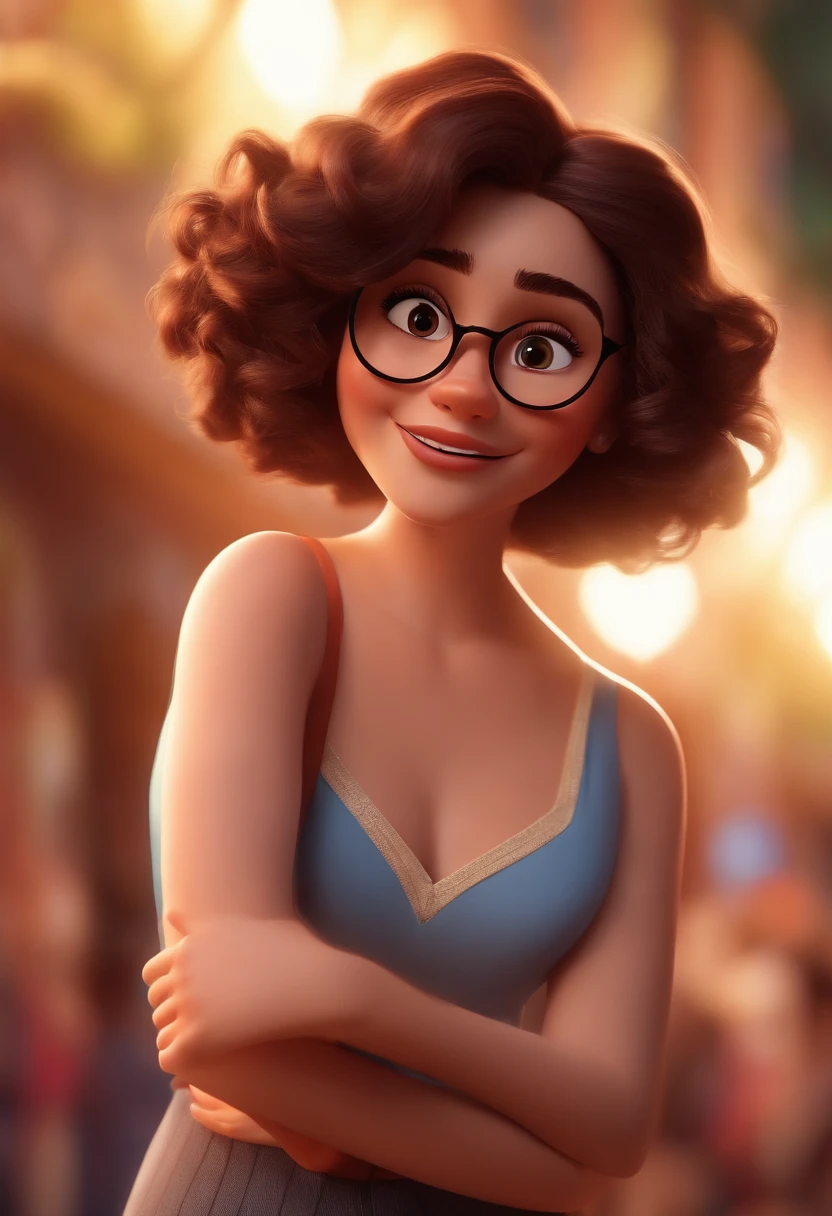 Pixar style image with 3D character white glasses brunette woman short curly hair dancing, Maquiagem Disney,fofo, 可爱, sorridente ,Close-up, Pixar, Disney, Cinema lighting,