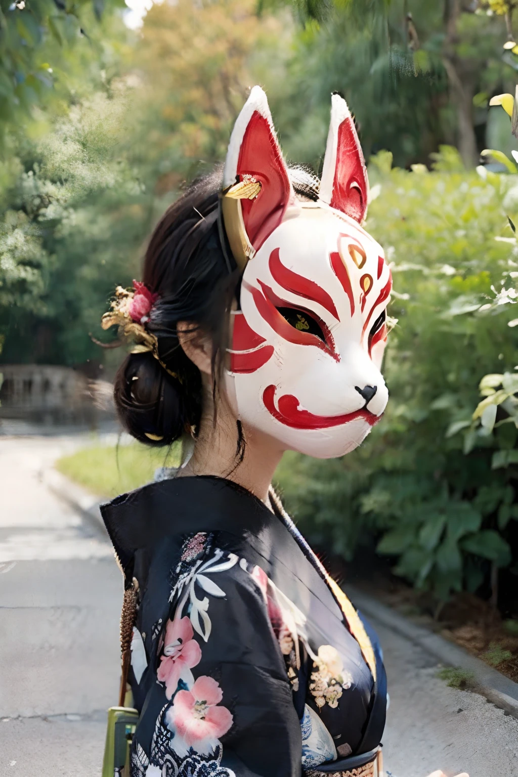 A woman wearing a kitsune mask with a kimono on, ((facing viewer)), kitsune mask concealing face