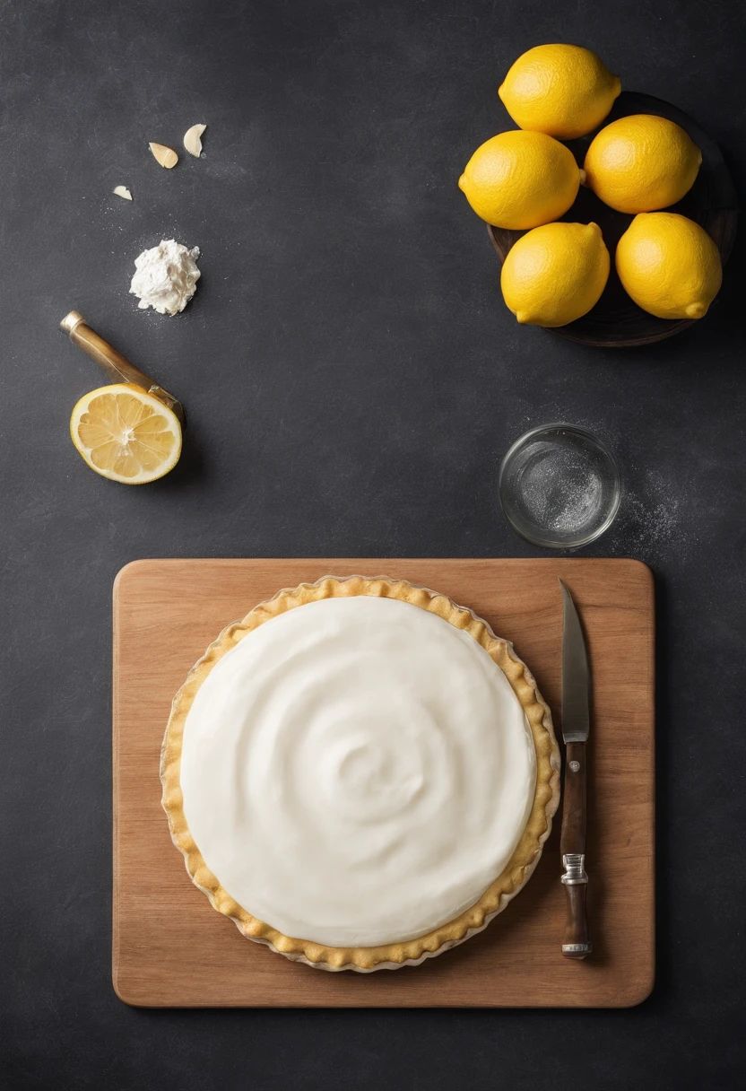chopping board,eggshell,farinha,Clara,Small lemon,Lemon meringue pie,Horizontal viewing angle,Creative composition,professional photoshooting,