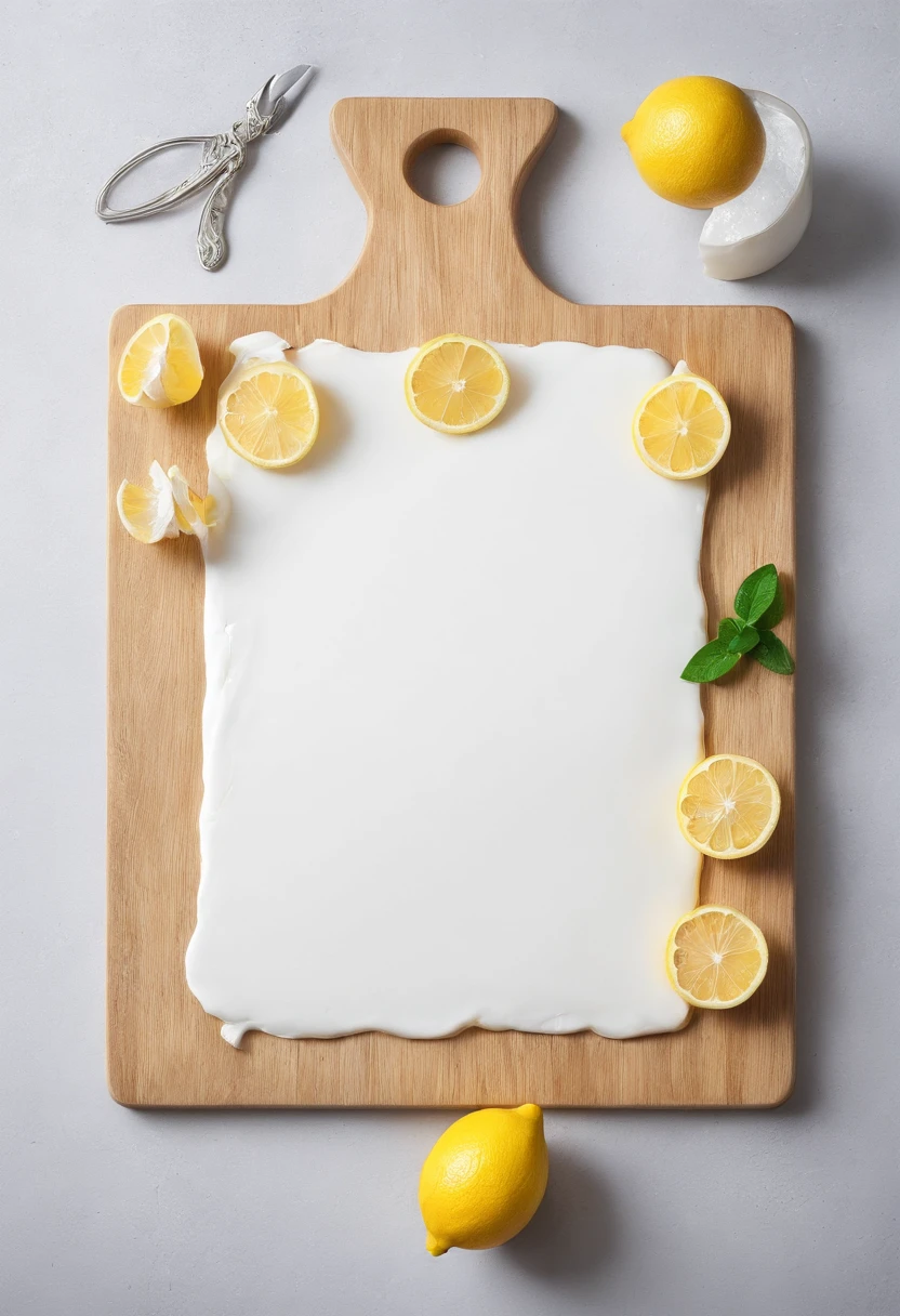 chopping board，eggshell，farinha，Clara，Small lemon，Lemon meringue pie，Horizontal viewing angle，Creative composition，professional photoshooting，