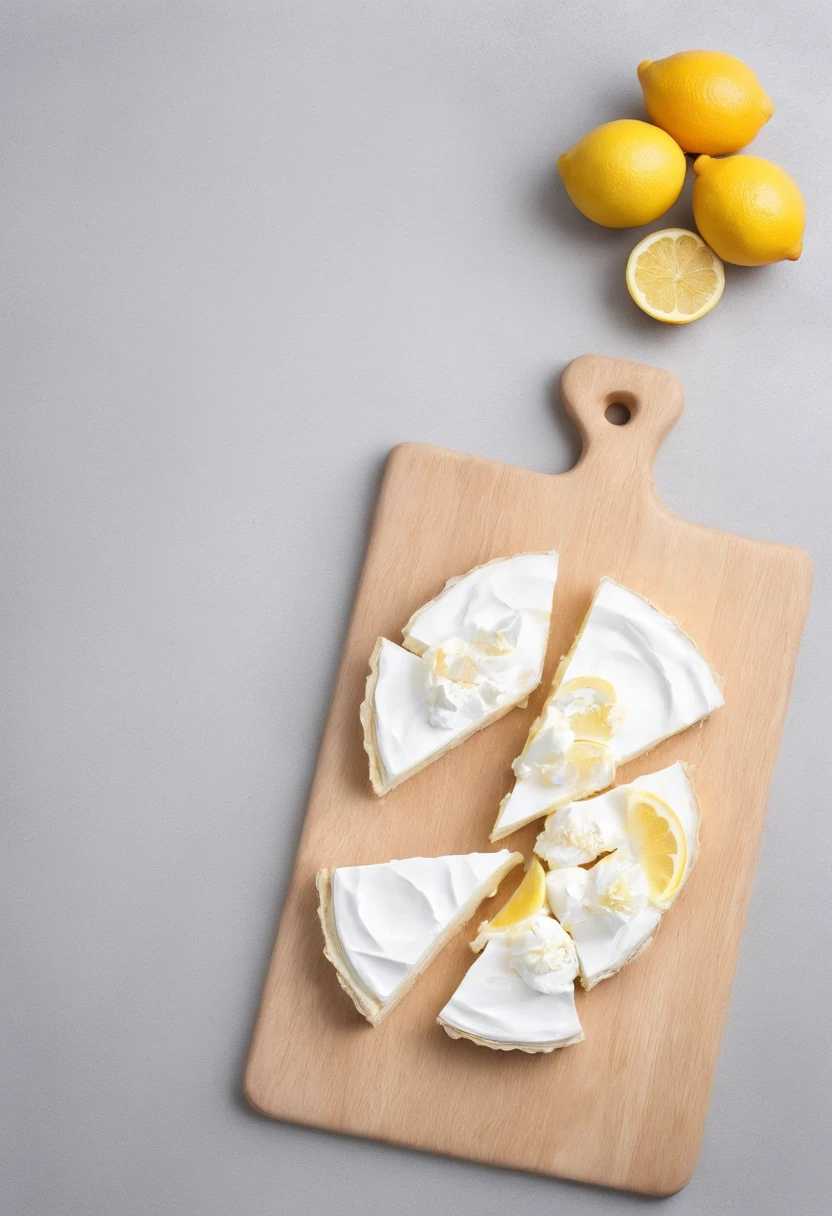 chopping board，eggshell，farinha，Clara，Small lemon，Lemon meringue pie，Horizontal viewing angle，Creative composition，professional photoshooting，