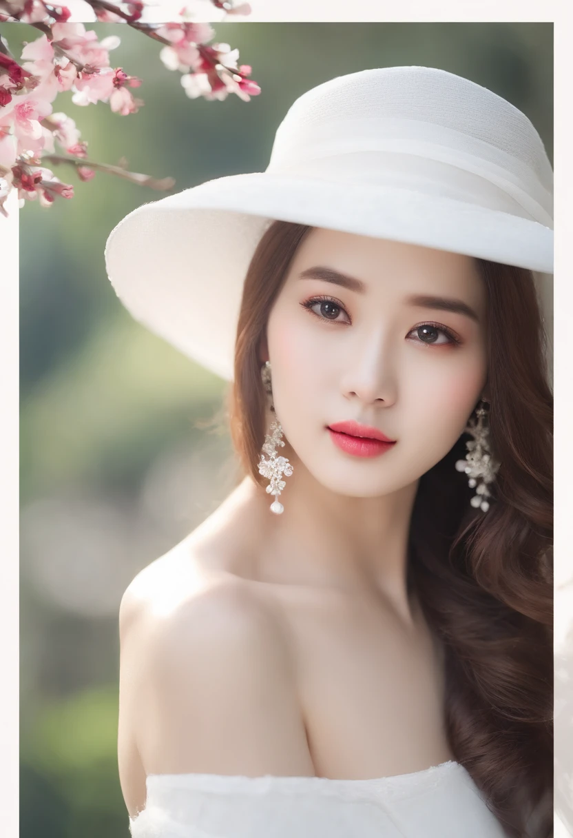 Fashion trendy beautiful and charming woman, gentle and charming Chinese beautiful woman, delicate and sexy collarbone, charming oval face, double eyelids, smart peach blossom eyes, pink lips, small nose, bare shoulders, focus on the face, close-up of the face, Ultra-high-definition, super-detailed, the white off-the-shoulder shirt perfectly echoes the light blue slit skirt, fresh and impressive