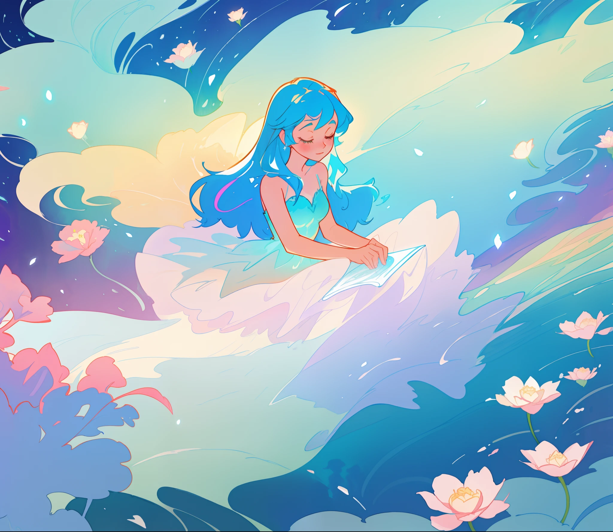beautiful girl covered by seafoam, long dark hair, beautiful girl sitting in the water, dress made of white seafoam, water nymph, water fairy, watercolor illustration, inspired by Glen Keane, inspired by Lois van Baarle, disney art style, by Lois van Baarle, glowing aura around her, by Glen Keane, jen bartel, glowing lights! digital painting, flowing glowing hair, glowing flowing hair, beautiful digital illustration, fantasia otherworldly landscape plants flowers, beautiful, masterpiece, best quality, anime disney style