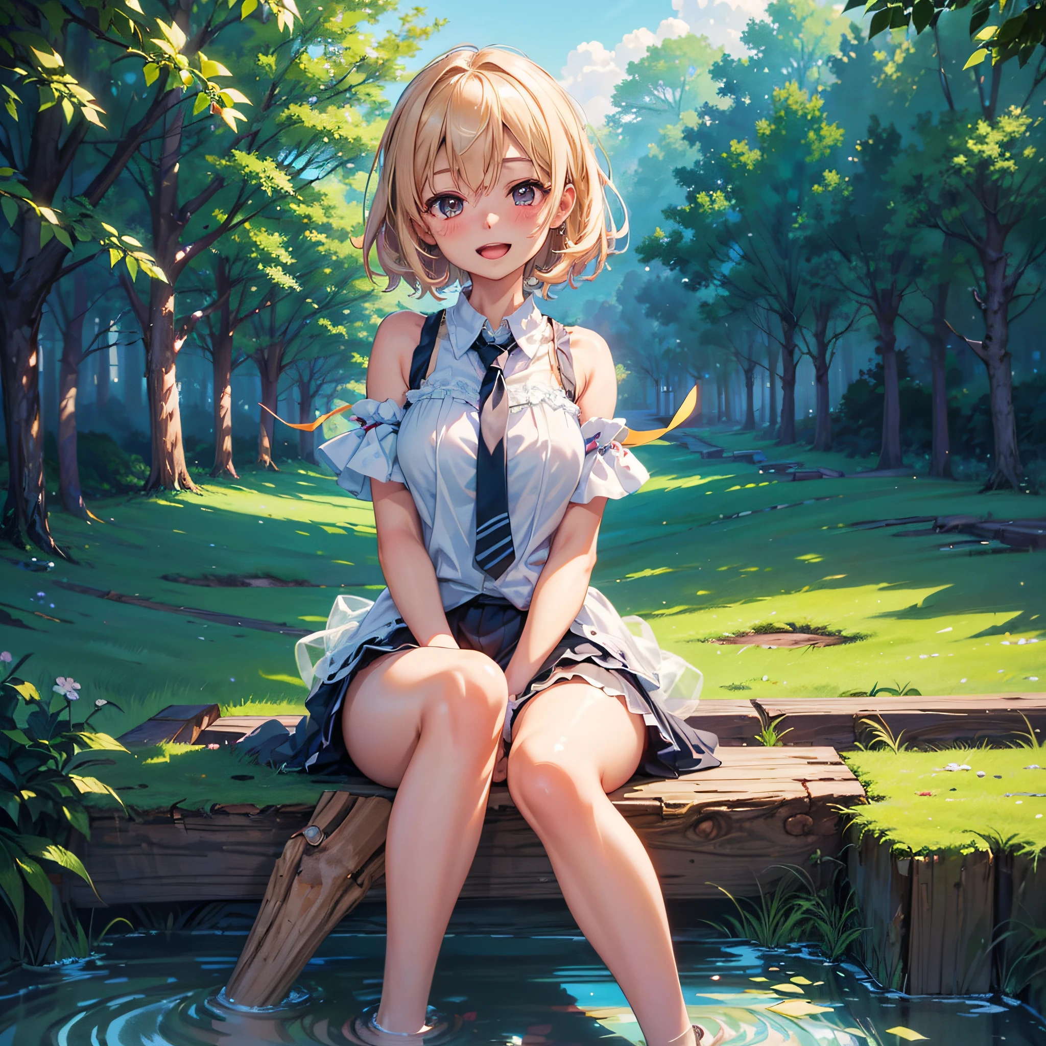 1 cute girl, (sitting on a tree),((Panties)), Character Focus ,close to viewer, front , Smile , Open mouth,blush , High resolution,(unbelievable Ridiculous), (Hires.Fix:1.3),anime visual,the Extremely Detailed CG Unity 8K Wallpapers, ((masutepiece)), ((top-quality)), (Beautiful illustration), ((extremely delicate and beautiful))