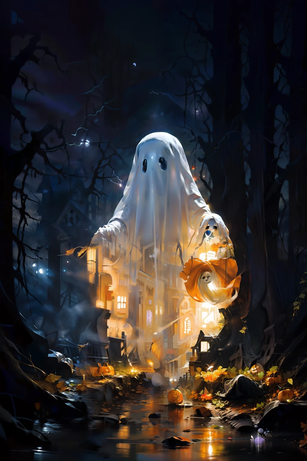 Masterpiece,Best quality,Ultra-detailed,Photorealistic,Realistic,Photography,1girll,ghost,Ghost costumes,pumpkins,forest,Night,Moon,