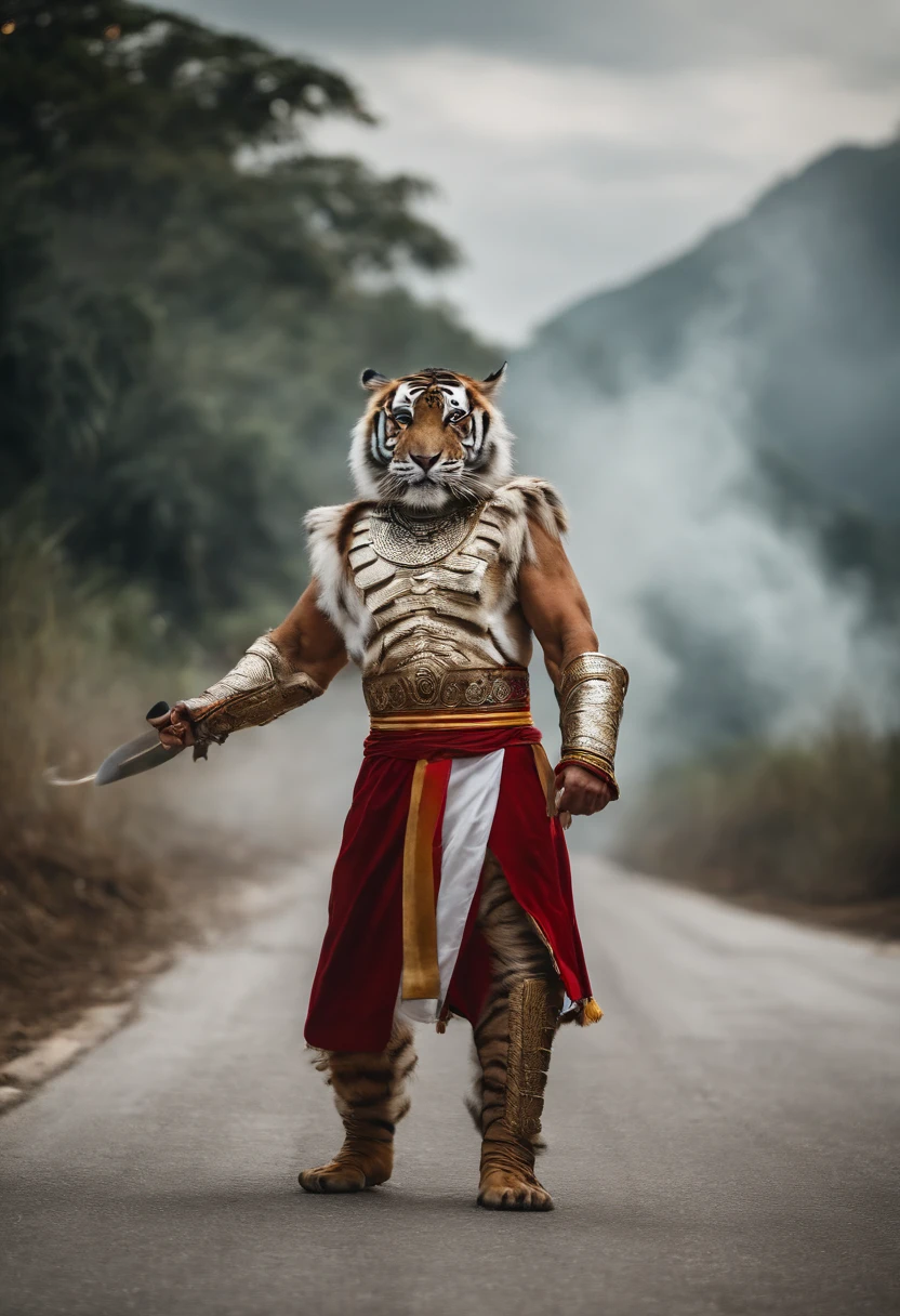 Tiger fighter in malay traditional outfit, in a fighting posture, On the road, to stand, White Tiger, humenoid body, bokeh, high quality, cinematic lighting, dramatic smoke effect on the ground,