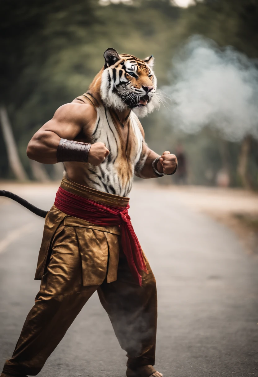 Tiger fighter in malay traditional outfit, in a fighting posture, On the road, to stand, White Tiger, humenoid body, bokeh, high quality, cinematic lighting, dramatic smoke effect on the ground,