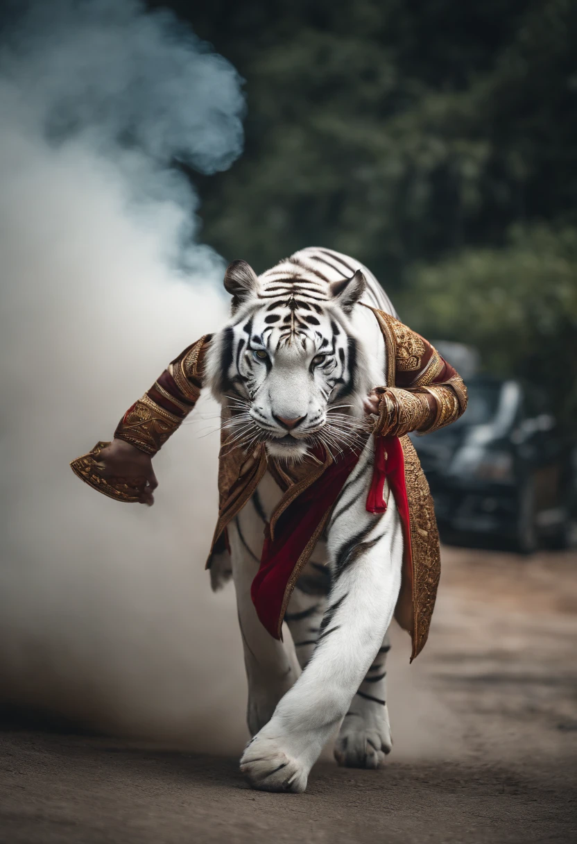 Tiger fighter in malay traditional outfit, in a fighting posture, On the road, to stand, White Tiger, humenoid body, bokeh, high quality, cinematic lighting, dramatic smoke effect on the ground,