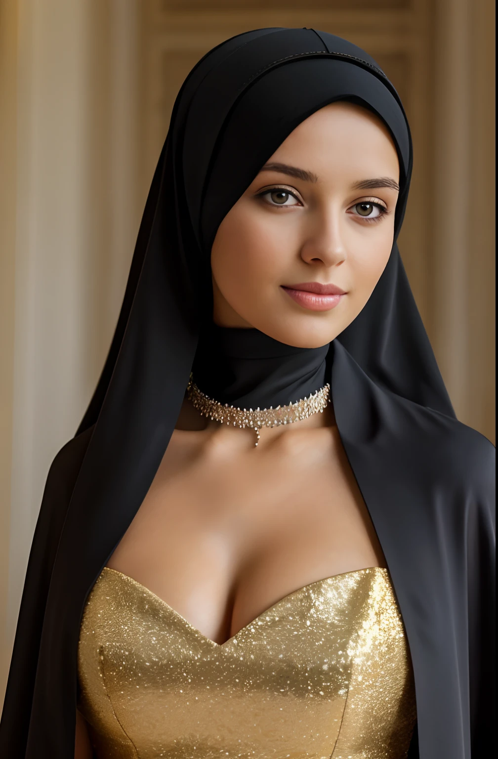 RAW, Best quality, high resolution, masterpiece: 1.3), beautiful dutch teen queen in hijab showing cleavage in sexy dress,Masterpiece, Soft smile, choker