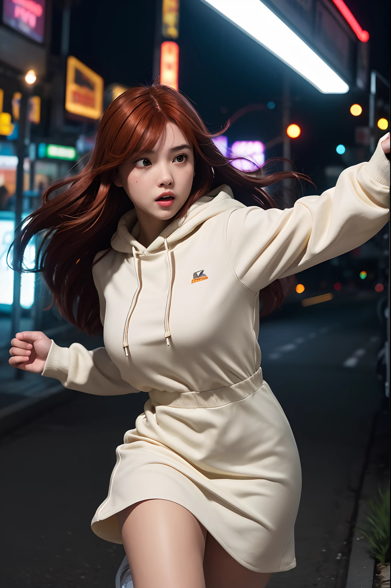 Close up image of 2 subjects, 1girl with auburn colored hair, wearing long sleeve white dress with hood, (running towards camera), (woman looks scared), frightened, running for her life, running away from man wearing armor, getting grabbed by man, down a dirty city alley, futuristic city at (night:1.4), blue and yellow neon signs, chase scene, action scene, thick outlines, comic book style, dynamic camera angle, realistic skin, realistic hands, perfect hands, action lines, motion blur background