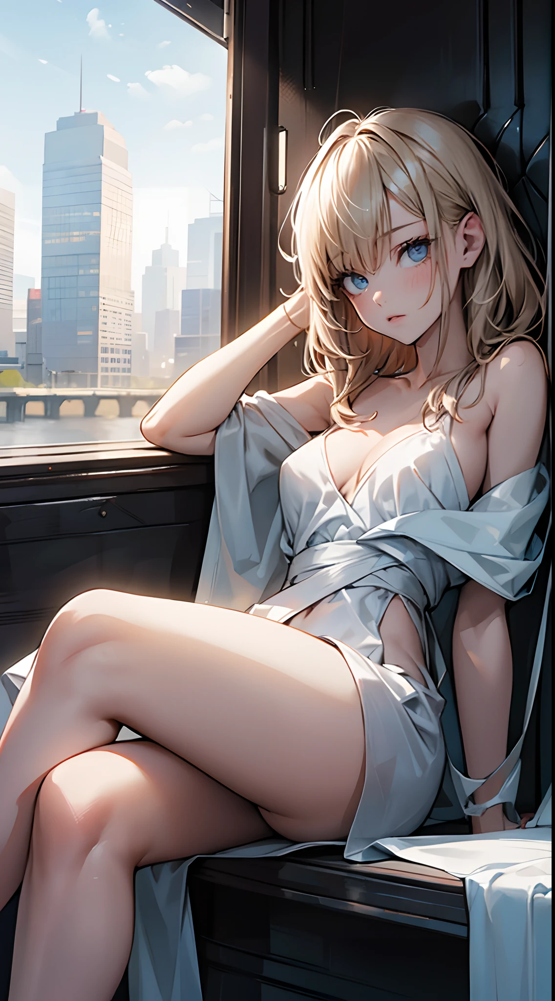 sleepy girl, naked, bright, city, sit cross-legged, calm, backyard, sleepy eyes