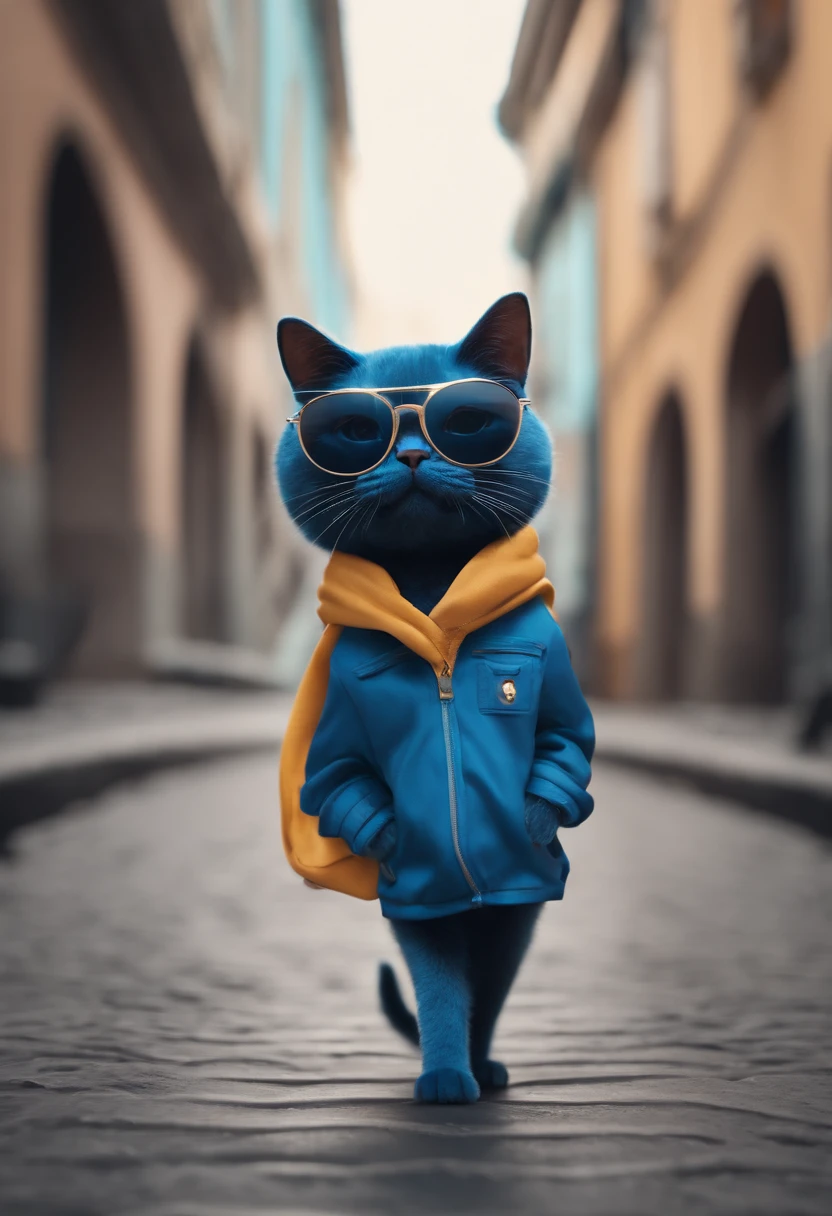 Perfect centering, Cool and handsome blue cat, Wear a jacket, Wearing sunglasses, Wearing headphones, Smiling happy, Standing position, Abstract beauty, Centered, Looking at the camera, Facing the camera, nearing perfection, Dynamic, Highly detailed, smooth, Sharp focus, 8K