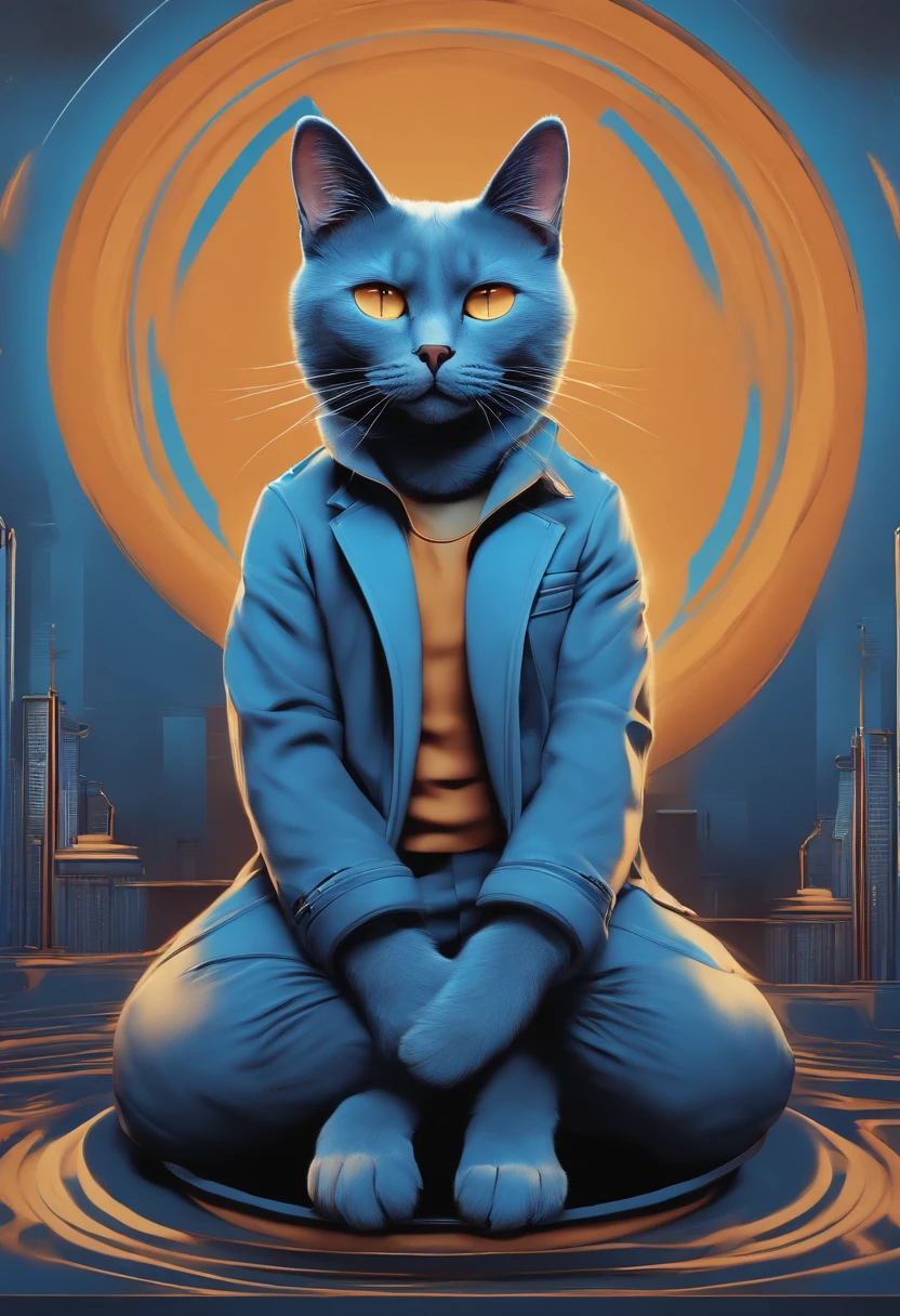 Perfect centering, Cool and handsome blue cat, Wear a jacket, Wearing sunglasses, Wearing headphones, Smiling happy, Standing position, Abstract beauty, Centered, Looking at the camera, Facing the camera, nearing perfection, Dynamic, Highly detailed, smooth, Sharp focus, 8K