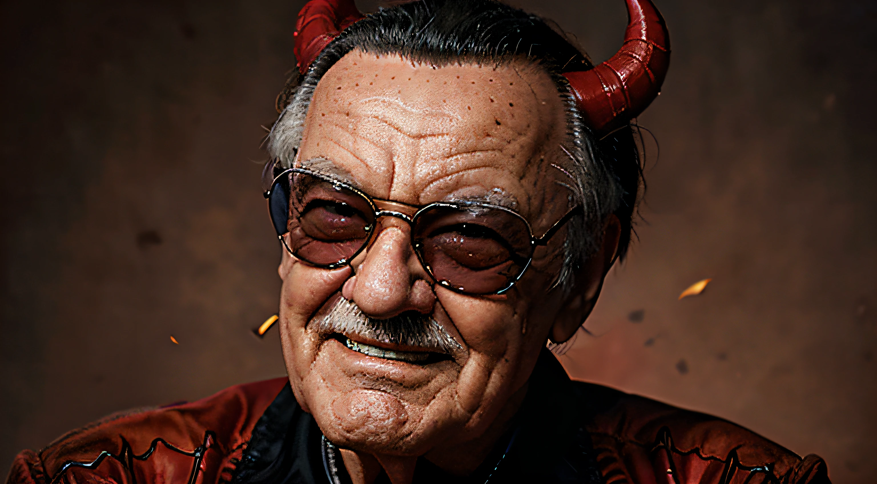 Marvel's Stan Lee with evil smile and devil red horns, caricatura, masterpiece