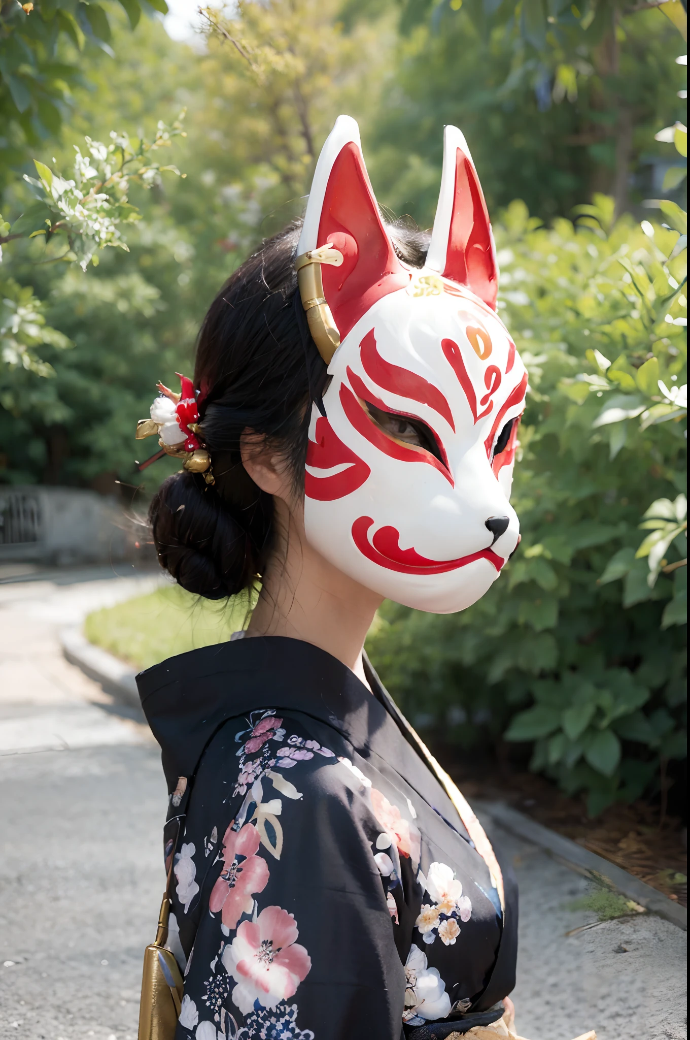 8k, high resolution, A woman wearing a kitsune mask with a kimono on, ((facing viewer)), kitsune mask concealing face