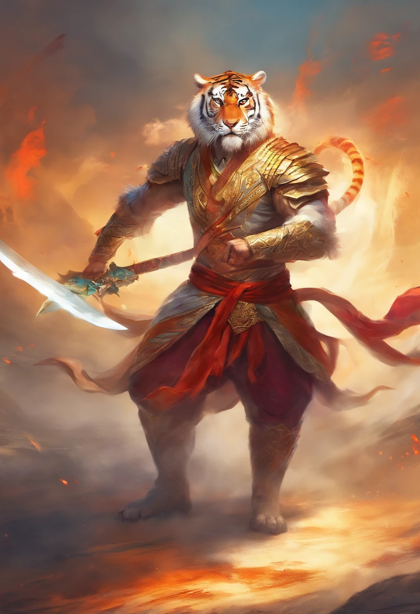 Tiger fighter in malay traditional outfit, in a fighting posture, On the road, to stand, White Tiger, humenoid body, bokeh, high quality, cinematic lighting, dramatic smoke effect on the ground,