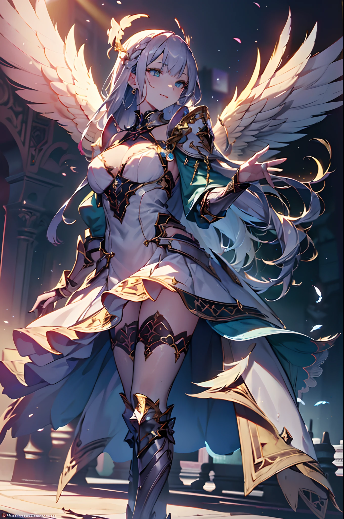 (Official art、Best Quality、Unity 8k Wallpapers、32K、​masterpiece、ultra-detailliert、超A high resolution、The best illustrations、Very ridiculous:1.2)、(Cinematic lighting:1.2)、Fireglow effect、film grains、Best Shadows、Rim lighting、side lights、(Ultra-detailed and complex 3D rendering)、Detailed beautiful face and eyes、Sharp pupils、Realistic pupils、A slender、１Man Woman、Medium bust、(Full body:1.2)、 beauitful face、-yeld beiful girl、(super detailed skin、detailed skin textures:1.3)、(silver blond、Blue-silver hair:1.3)、Paladin、Longhaire、Blunt bangs、Green eyes、Braids、(Blue Armor、Blue Boots、hair adornments、Jeweled、Gold embroidery)、A slender、a miniskirt、(thighs thighs thighs thighs:0.8)、(chies、in a house、Artistic stained glass、Large pipe organ、Hello Point、Mystical、a lot of feathers float、angelicales、Wings of an angel on the back、Particles of light、solemnity、Sunlight is、colourfull、Fantastical:1.2)、(Fantastical:1.3)、(Holding the Holy Sword:1.0)、Fantastical、Smile with open mouth