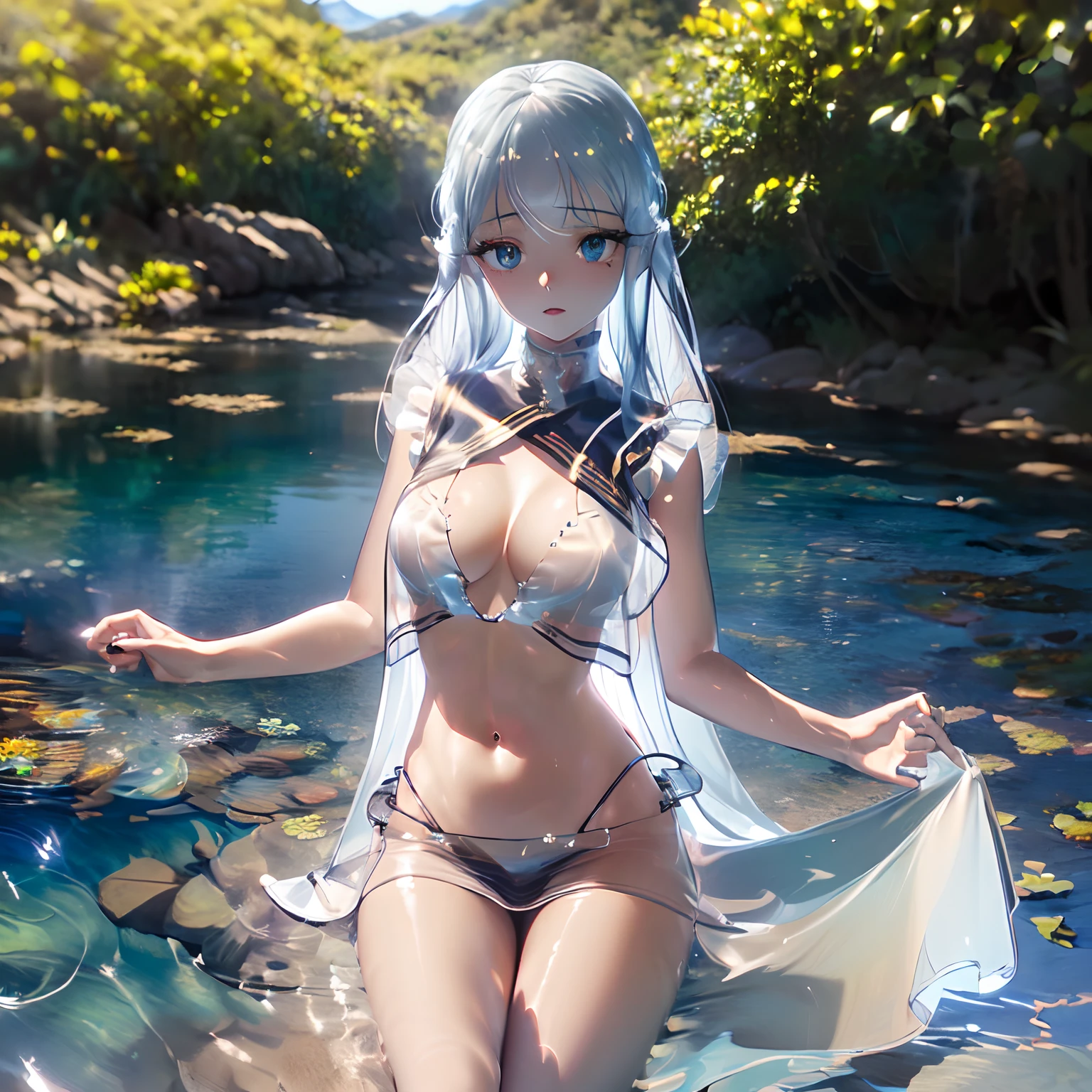 ((masutepiece, Best Quality, hight resolution, nffsw, Perfect Pixel, depth of fields, 4K, nffsw, nffsw))), 1girl in, Single, Solo, (((cleavage))), Beautiful Girl, Beautiful Art Style, ((Detailed beautiful eyes, Beautiful eyelashes, Realistic eyes)), ((Detailed face)), ((Smooth texture, Realistic texture, Photorealistic)), Large breasts, small ass, Perfect body, ((Cowboy Shot)), ((( White Sheer Sailor Shirt, Sleeveless, Open front))), (((Navel ))), (((Sheer Micro Mini Skirt))), in poolside, Perfect Eyes Eyes