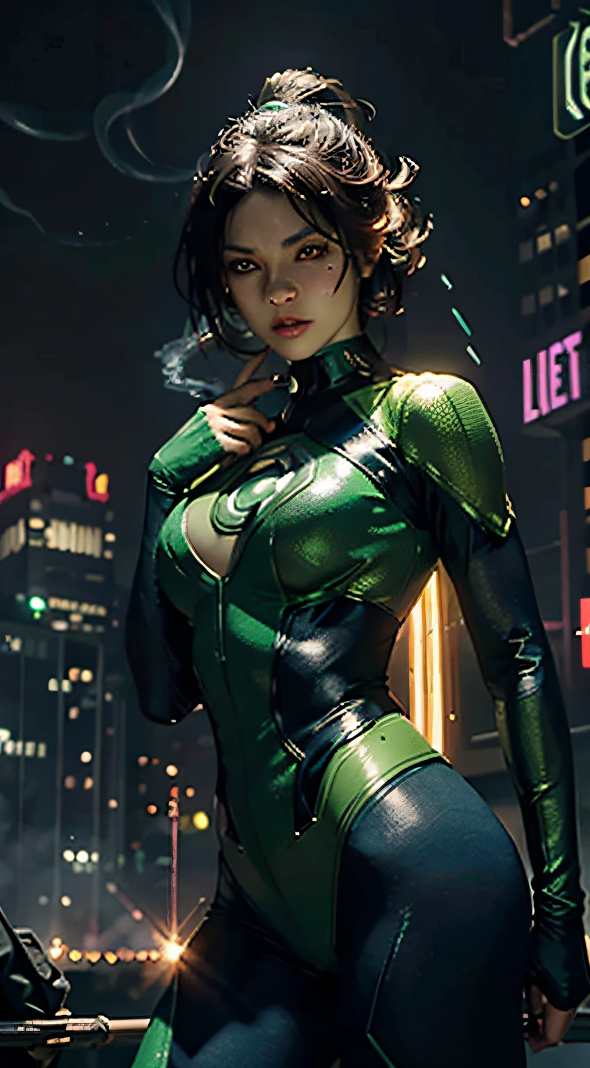 (masterpiece, best quality, best lighting, ultra-detailed, linda mulher, bodysuit verde, vincos dourados)