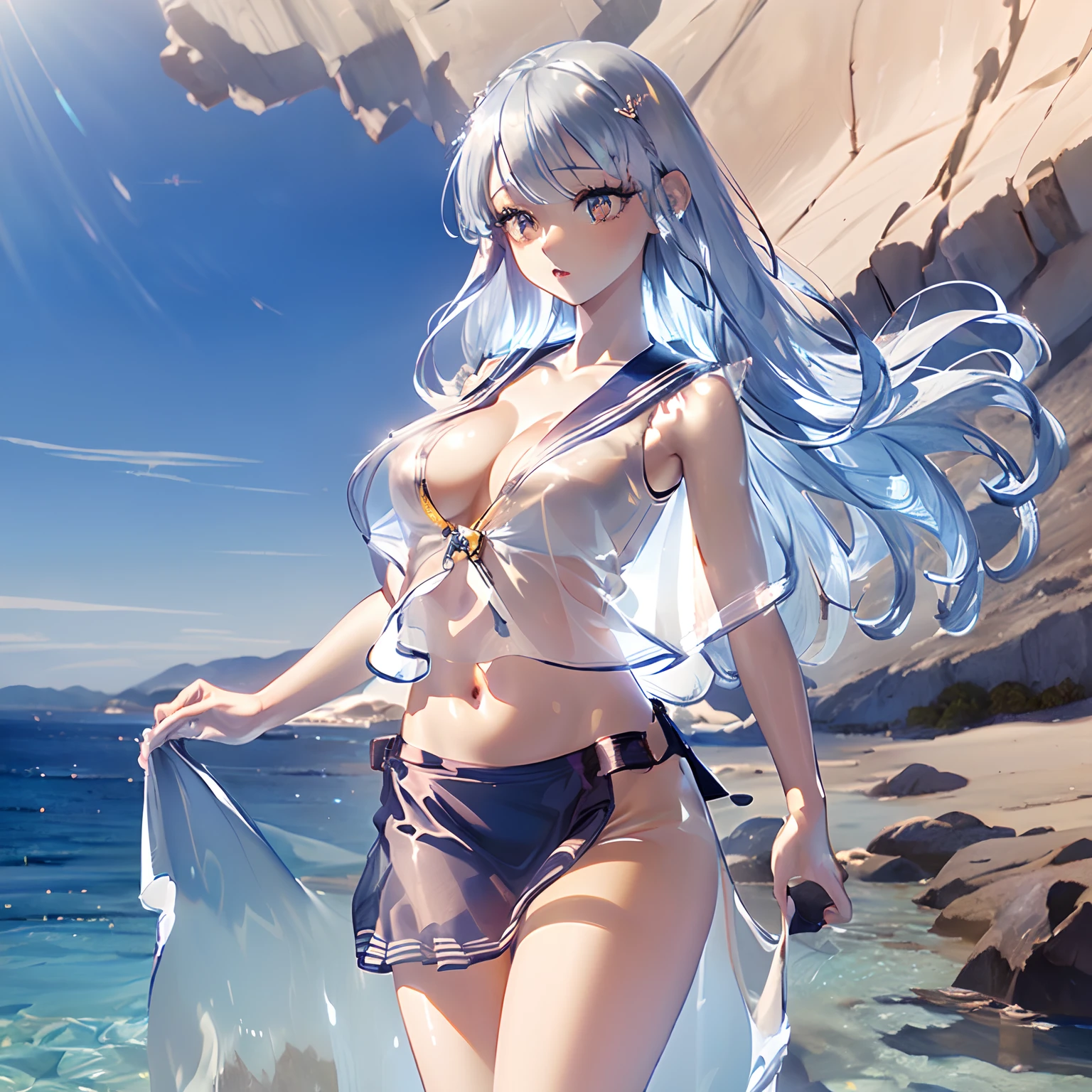 ((masutepiece, Best Quality, hight resolution, nffsw, Perfect Pixel, depth of fields, 4K, nffsw, nffsw))), 1girl in, Single, Solo, (((cleavage))), Beautiful Girl, Beautiful Art Style, ((Detailed beautiful eyes, Beautiful eyelashes, Realistic eyes)), ((Detailed face)), ((Smooth texture, Realistic texture, Photorealistic)), Large breasts, small ass, Perfect body, ((Cowboy Shot)), ((( White Sheer Sailor Shirt, Sleeveless, Open front))), (((Navel ))), (((Sheer Micro Mini Skirt))), in poolside, Perfect Eyes Eyes