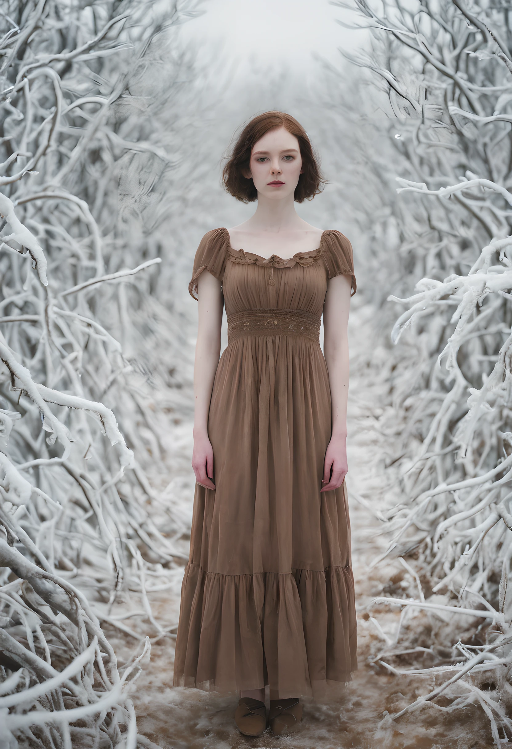 a woman trapped in rime ice, pale skin wearing a cute brown dress