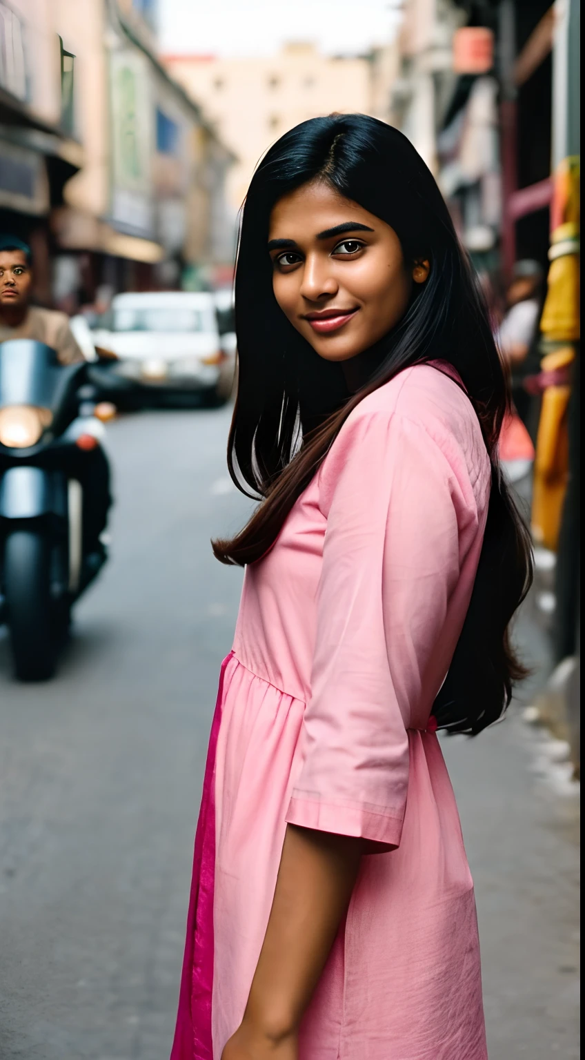 (full body, editorial photograph of a young dusky Indian woman), photographed in a busy street, (highly detailed face:1.4) (smile:0.7) (background Busy indian street , moody, private study:1.3) POV, nikon d850, film stock photograph ,4 kodak portra 400 ,camera f1.6 lens ,rich colors ,hyper realistic ,lifelike texture, dramatic lighting , cinestill 800, realistic, wearing pink kurta, half sleeve, posing!!, candid picture, medium body, extra large sized breasts, black hair, wavy hair, medium hair length realistic skin texture, brown skin