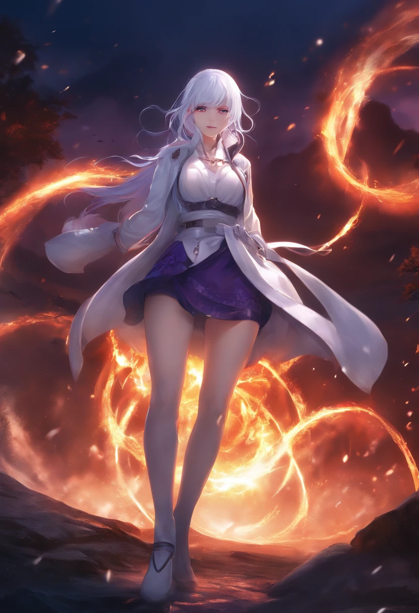realistic, 1girl, white hair, purple eyes, glowing eyes, crop top, skirt, parted lips, blush, night, flowers, sun, sunlight,