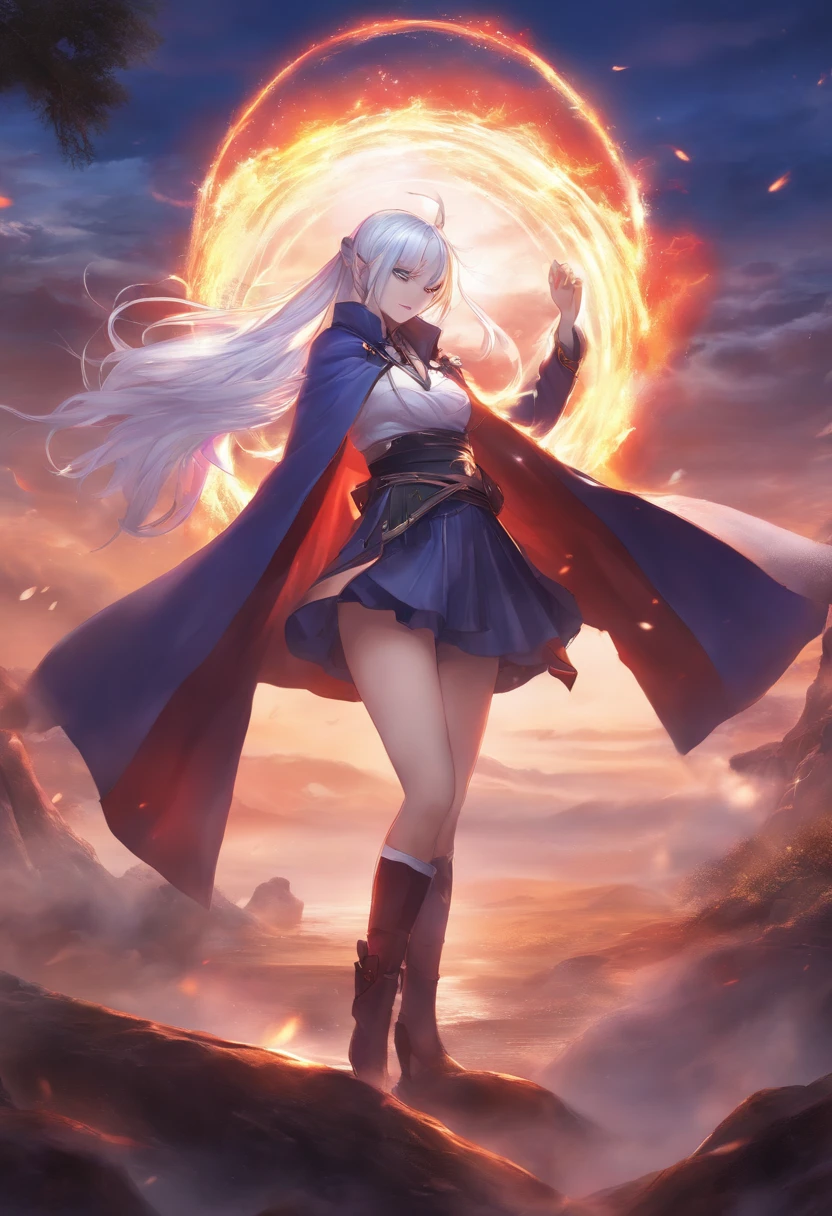 1girl in, komono, Ponytail ,White hair, Purple eyes, Magic Circle, blue fire, blue flames, Wallpaper, landscape, Blood, blood splashing, depth of fields, Night, light Particle, llight rays, side lights, thighs thighs thighs thighs, Fate \(Series\), GenshinImpact, ****, Open jacket, Skirt, thighs thighs thighs thighs, cloud