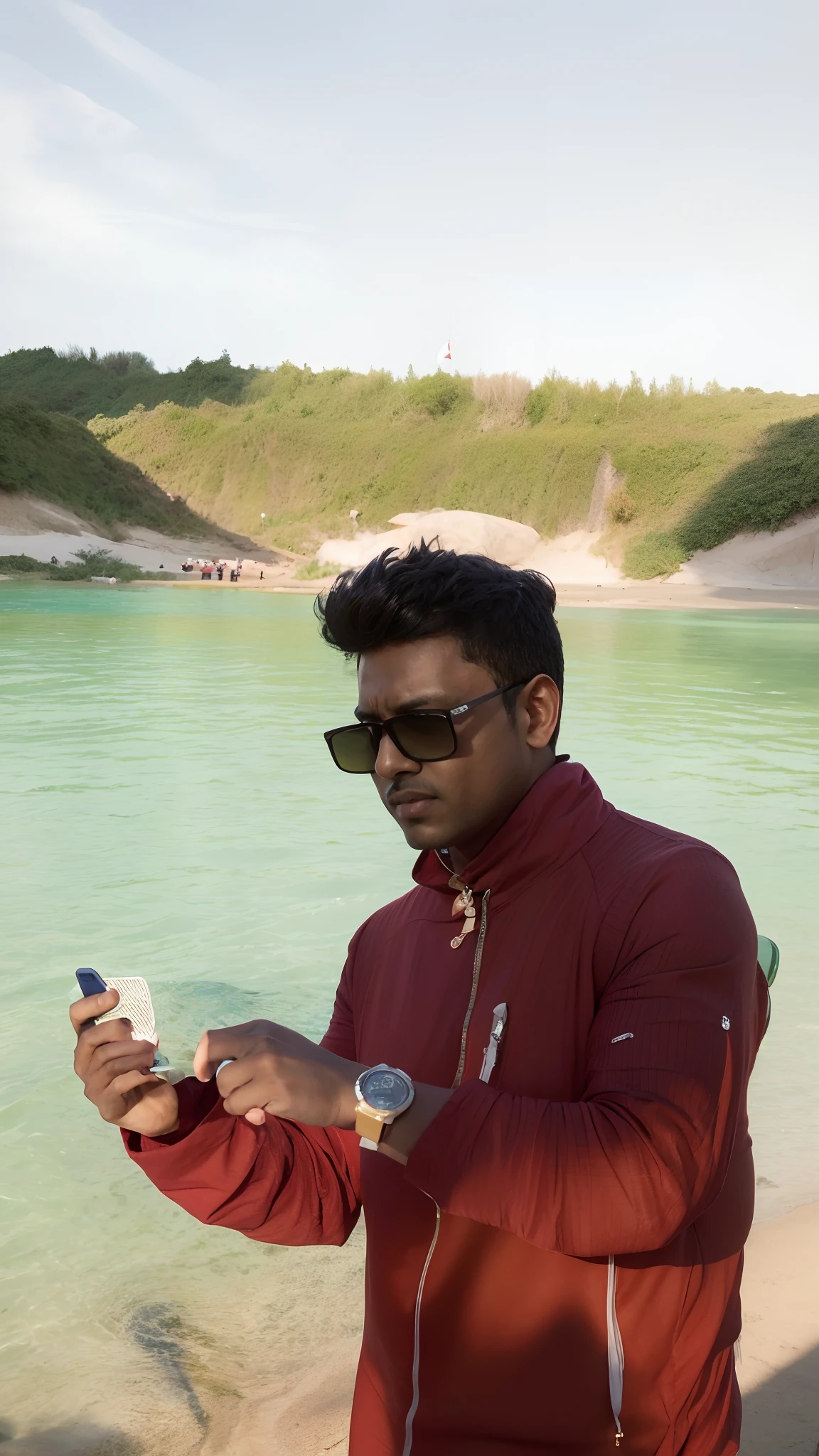 (masterpiece:1.2,Exceptional Quality,mirror-like,Cinematic Experience),8k,wallpaper,Italy,Grotta Azzurra,(Diffuse reflection of light:2.0),a 18 year younger boy sitting on boat, the boy wearing black cap and black tshirt, YOGESH RATHOR name on the tshirt, The boy clear face,the boy health and fit body, the boy sexy body,