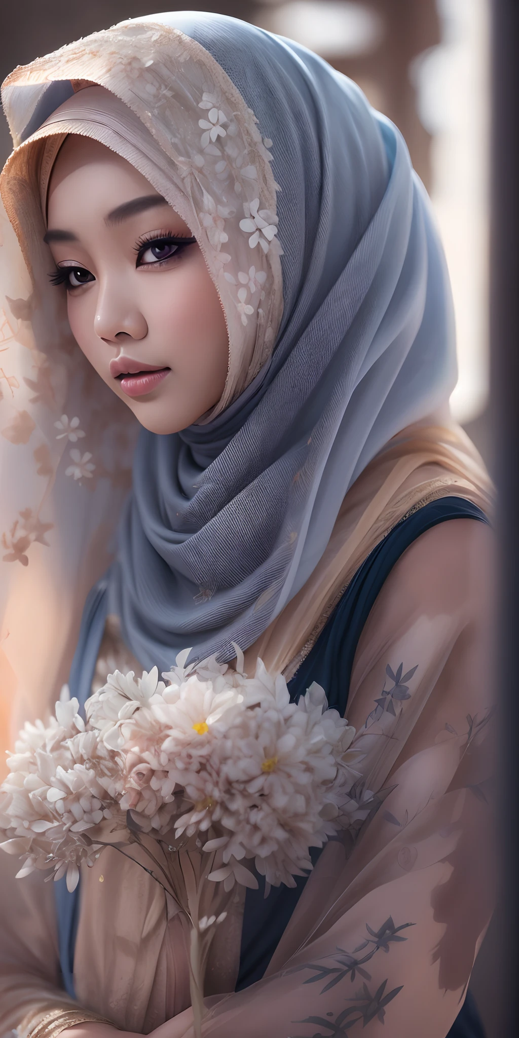 (best quality, masterpiece), 1 malay girl in hijab, pose, particle, wind, flower, upper body, simple background, looking at viewer, blonde, galaxy,