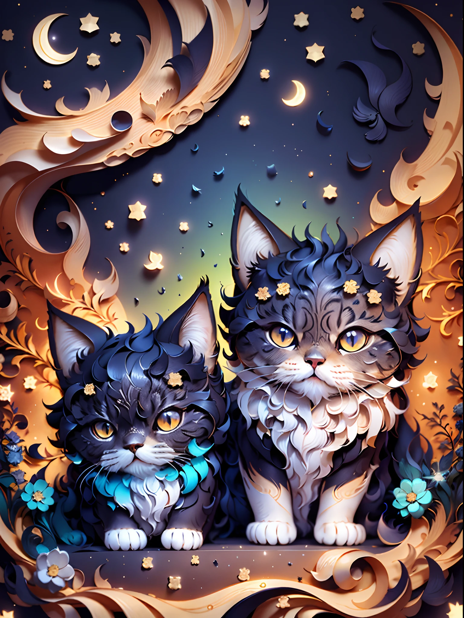 Persian cats cry under the night sky，The art of paper cutting，Cute digital art