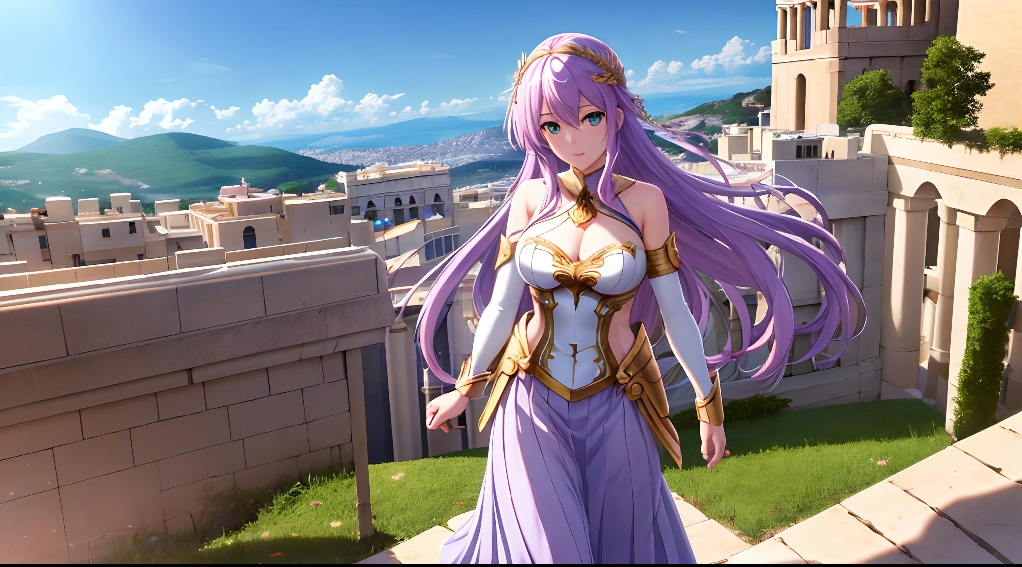 Athena with plain long light purple hair,hair between eyes,green eyes,rosy cheeks,full lips,thin eyebrows,slender body,wearing golden armor and full long skirt,cute anime girl,full body,greek Acropolis rooftop in background,anime style,Lumen Reflections,Screen Space Reflections,Diffraction Grading,Chromatic Aberration,GB Displacement,Scan Lines,Ray Traced,Anti-Aliasing,FXAA,TXAA,RTX,SSAO,Shaders,OpenGL-Shaders, GLSL-Shaders,Post Processing,Post-Production,cell Shading,Tone Mapping,CGI,VFX,SFX,insanely detailed and intricate, 4K,standing, solo, masterpiece, best quality, detailed face, detailed eyes, highres, standing, solo,masterpiece, best quality