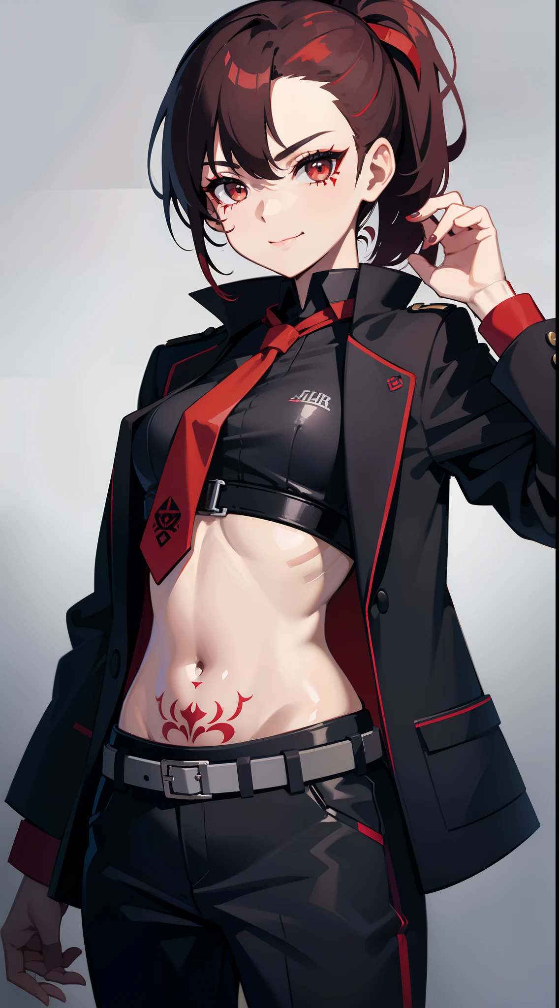 young girl, Short black and red hair, high ponytail, gray eyes, ssmile, open belly, black trousers, red jacket, tie, belts, circuits, Tattoos on the abdomen, face tattoos, Masterpiece, hiquality, 4k, HD, Good detail