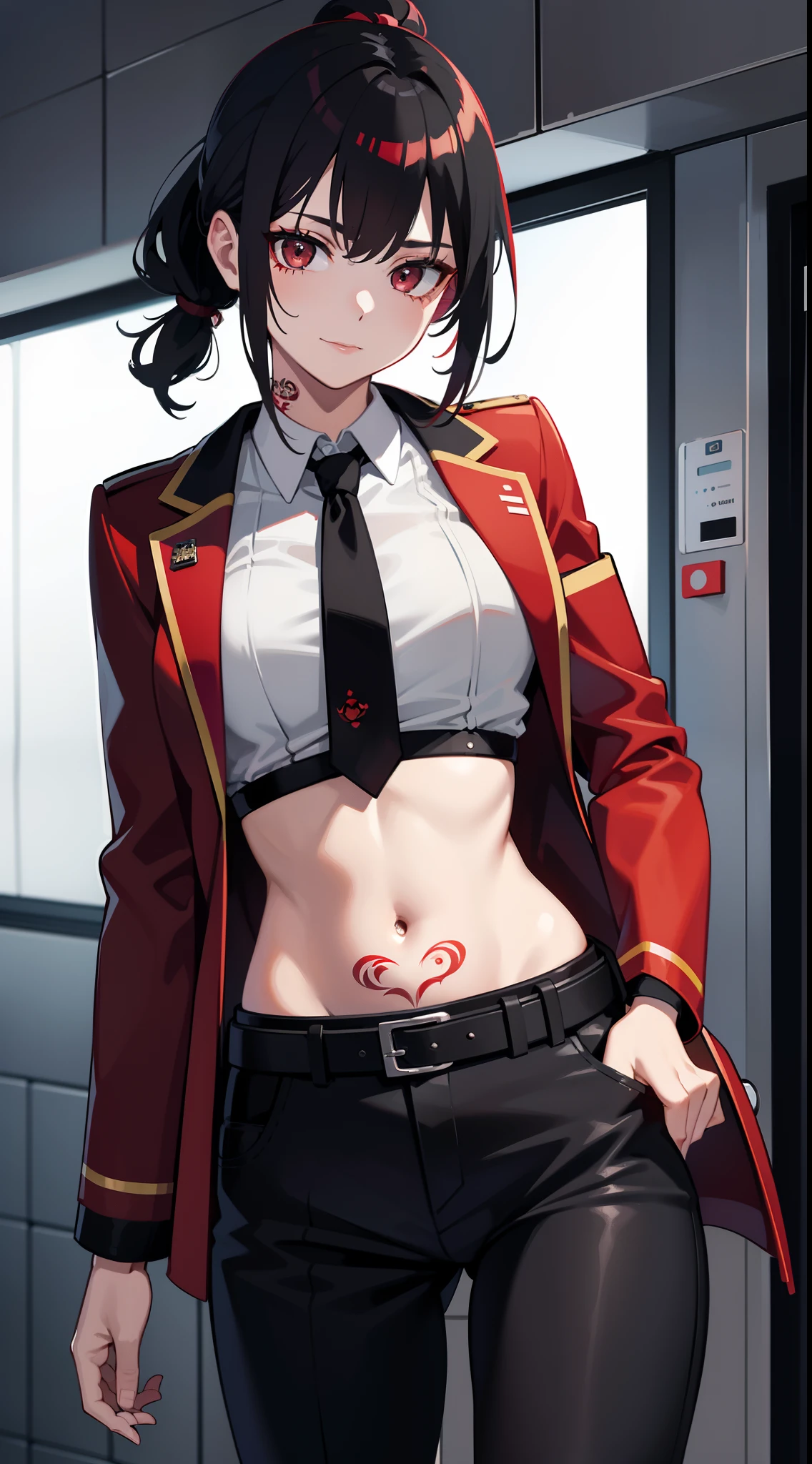 young girl, Short black and red hair, high ponytail, gray eyes, ssmile, open belly, black trousers, red jacket, tie, belts, circuits, Tattoos on the abdomen, face tattoos, Masterpiece, hiquality, 4k, HD, Good detail