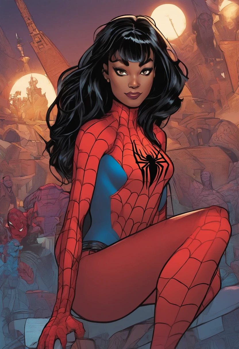Spider verse character, woman , long pitch black hair with bangs , dark brown eyes, light tan skin, red and black spider suit, polynesian, pretty with no makeup