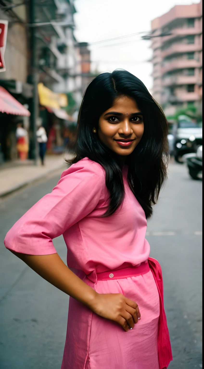 (full body, editorial photograph of a young dusky Indian woman), photographed in a busy street, (highly detailed face:1.4) (smile:0.7) (background Busy indian street , moody, private study:1.3) POV, nikon d850, film stock photograph ,4 kodak portra 400 ,camera f1.6 lens ,rich colors ,hyper realistic ,lifelike texture, dramatic lighting , cinestill 800, realistic, wearing pink kurta, half sleeve, posing!!, candid picture, medium body, extra large sized breasts, black hair, wavy hair, medium hair length realistic skin texture, brown skin