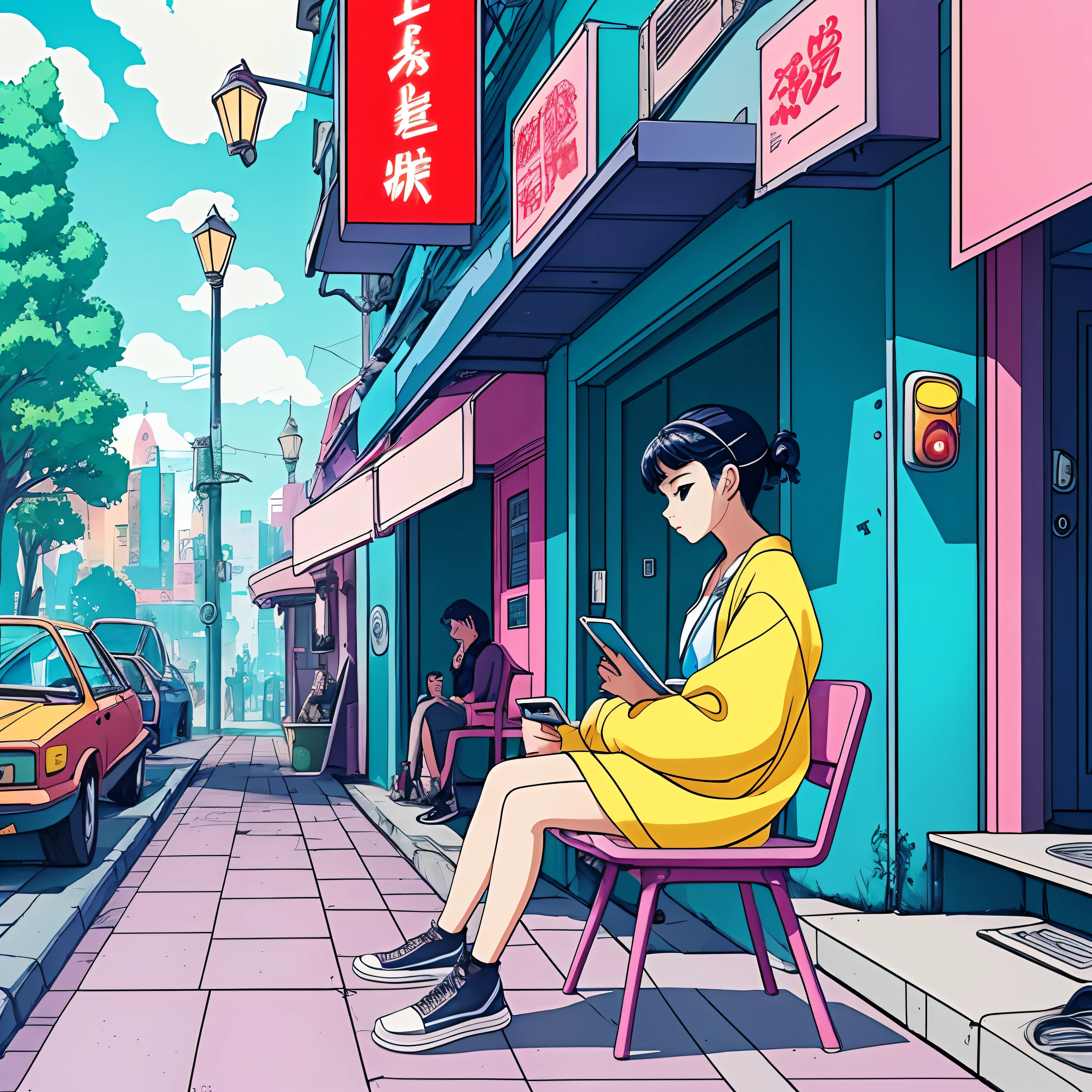 (zero), Woman resting on a chair on the street, Mature Woman, Front view, night lights, Neon scenery in the park at night,Analog Color Theme, Lo-Fi, flat, 2.5D ,Draw a line, Ink Drawing, Large gradients, Watercolor painting, Goosch Colors, Studio Ghibli Style, Awesome colorful, Outerwear, Synthwave, lofi art,90s style,Old texture, amplitude,90s vibe, masutepiece, Huge technology, Blackhead --auto