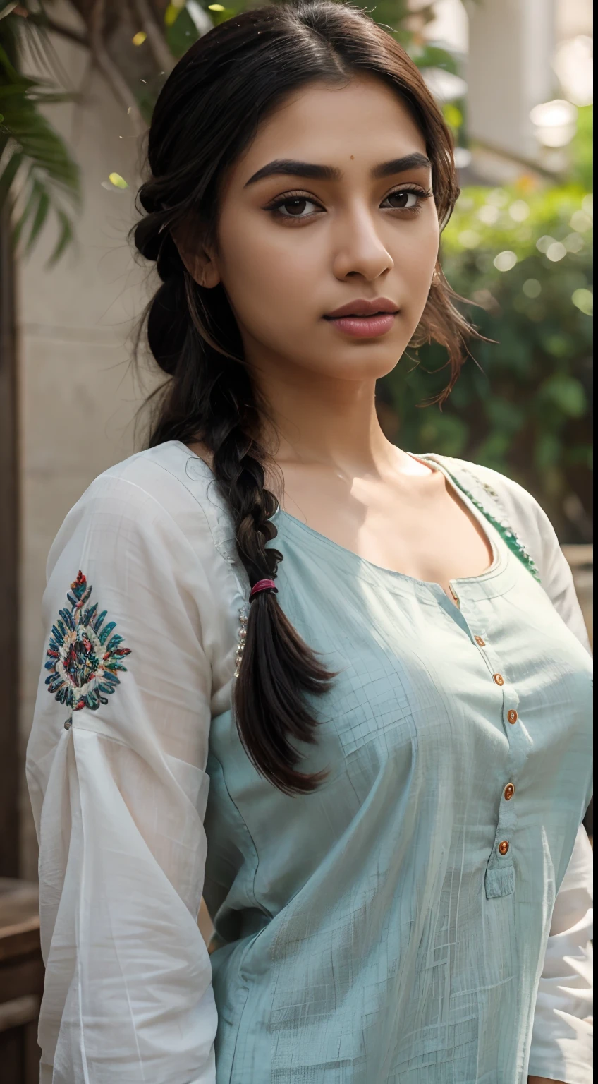 ultra-realistic photographs,Indian Instagram female model,mid 20s,9:16,mid-shot,beautiful detailed eyes,detailed lips,longeyelashes,black braided hair,stylish hair, naturally full eyebrows,perfectly formed nose,expressive face,attractive appearance,confident and elegant posture,graceful movement,vibrant and colorful kurta dress, embroidered, nature background, serene atmosphere,stunning architecture,soft and natural lighting,vivid colors,photorealistic,HDR,highres,studio lighting,ultra-detailed,bokeh,fully covered clothes