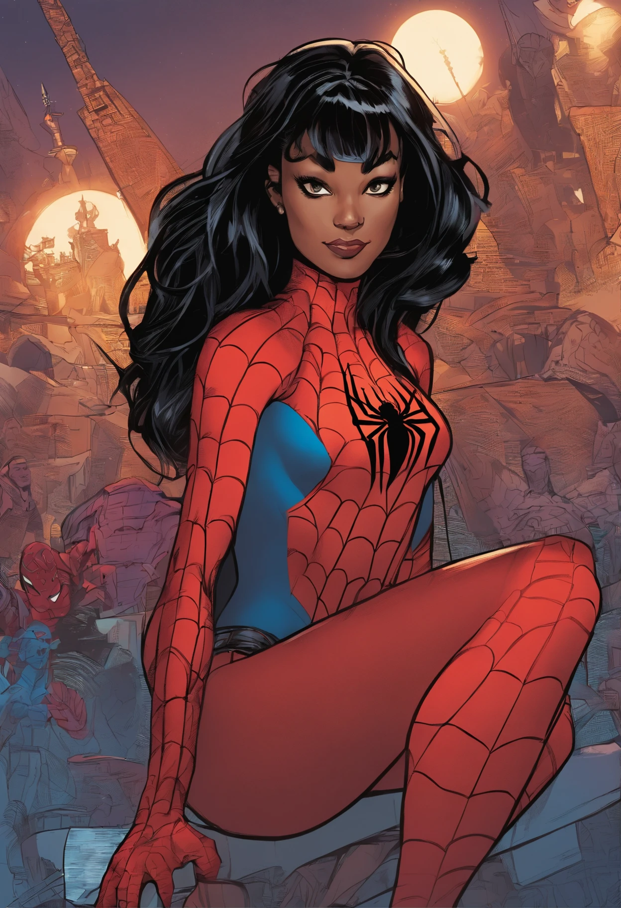 Spider verse character, woman , long pitch black hair with bangs , dark brown eyes, light tan skin, red and black spider suit, polynesian, pretty with no makeup
