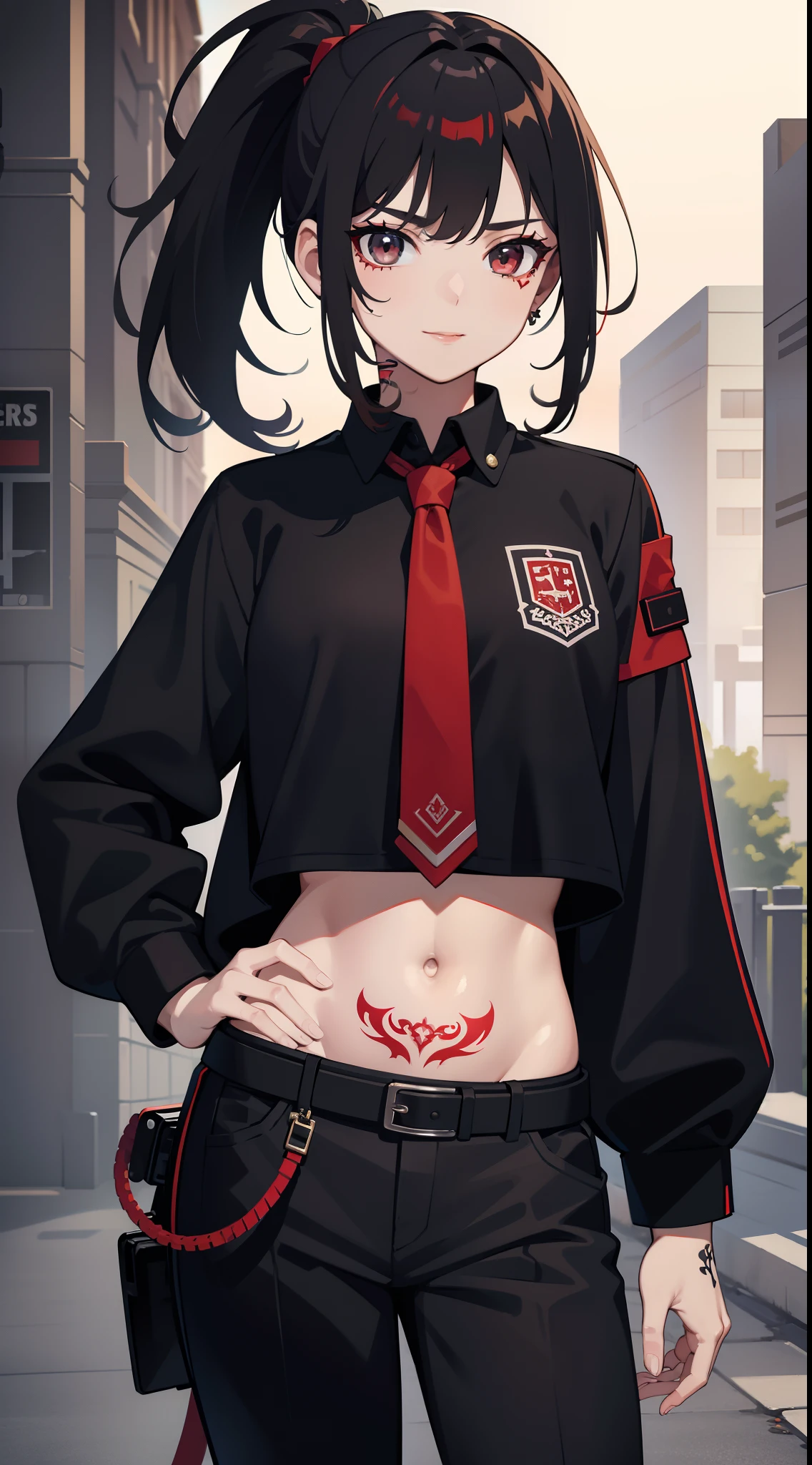 young girl, Short black and red hair, high ponytail, gray eyes, ssmile, open belly, black trousers, red jacket, tie, belts, circuits, Tattoos on the abdomen, face tattoos, Masterpiece, hiquality, 4k, HD, Good detail