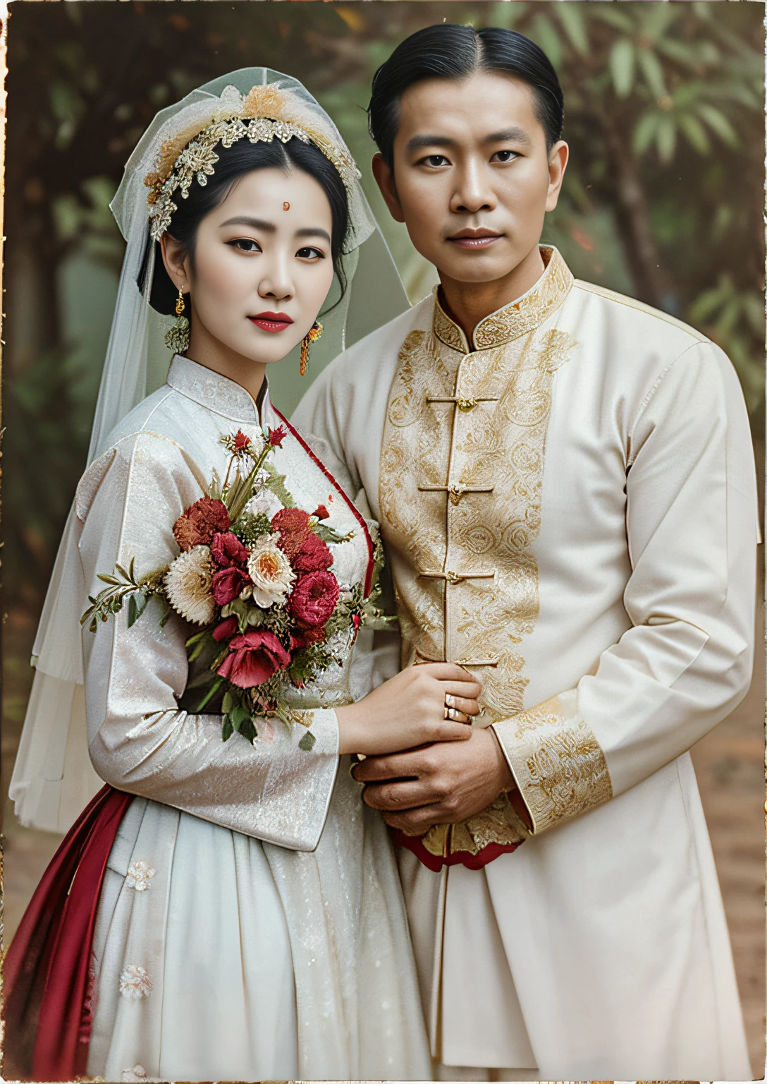 painting of a man and woman in traditional dress posing for a picture, ao dai, damaged photo, wedding photo, old photo, old style photo, old color photograph, inspired by Gao Kegong, aged photo, double exposure of love, old photo style, in style of old painting, in style of lam manh, couple portrait, photographed on damaged film