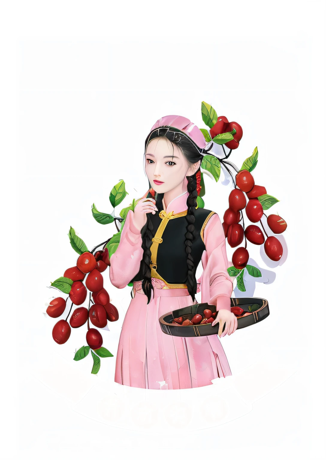 ((Need)), ((tmasterpiece)), (A detailed),There is a woman in a red dress holding a pan and a bowl of red dates, an illustration of inspired by Ma Yuanyu, trending on pixabay, dreamlike realism, nezha, Chinese girl, the goddess of autumn harvest, Palace ， A girl in Hanfu, A beautiful artwork illustration, full-colour illustration, 2 5 6 x 2 5 6