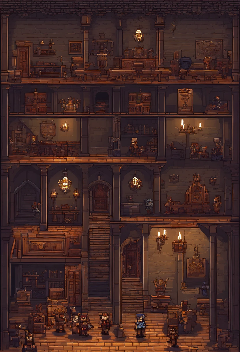 cavalier, Demons, Two monsters, cross-section,illustration, Detailed interior of the castle, Gloomy atmosphere, Middle Ages style, Dim lighting, Stone walls, Spooky shadows, Mystical Artifacts, Combat posture, Intense action, Fierce expression, Menacing claws, Sharp teeth, Menacing presence, Ominous feeling, High-quality rendering, Super detailed characters, Realistic textures, dark palette, Dramatic lighting.