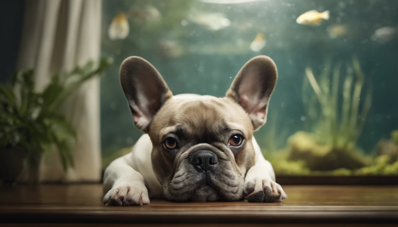 French Bulldog,Honey Pied、 Adults, Aquarium in the back, , realisitic, Pencil drawing, white backgrounid、up of face