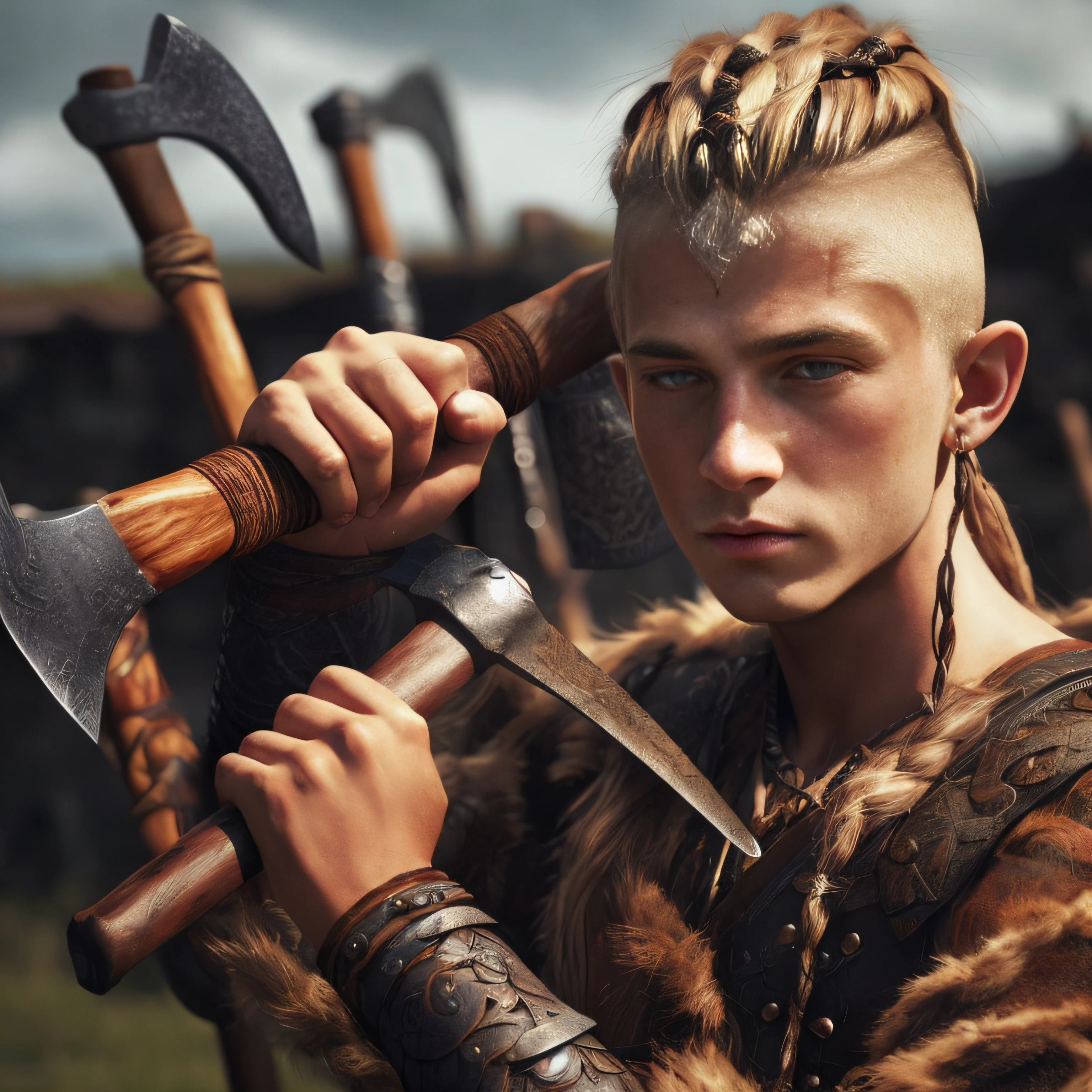 Arafed man with a long braid holding two axes in his hands, estilo viking, Adscente Viking Shieldmaiden, Retrato de um viking, guerreiro viking, Cultura Viking, norse warrior, traje viking, Guerreiro viking antigo, elvish blonde male warrior, epic viking king, usando roupas vikings, female viking, com machado, norse inspired, viking and templar aesthetics