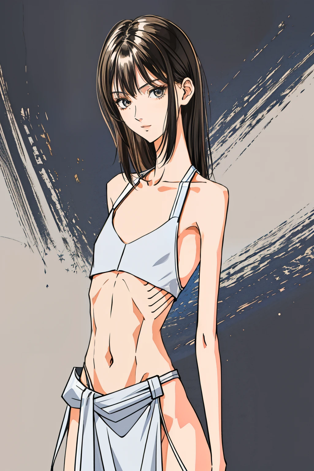 Realitsic very skinny young woman, Charli D'amelio: 2.0 , naked, ((very very small waist)), ((ribs visible)), thin arms, thin legs, fine and beautiful face. ((Very skinny and fine body)), small breats, flatchest. ((Anorexic girl))., HD, 8k, high quality.