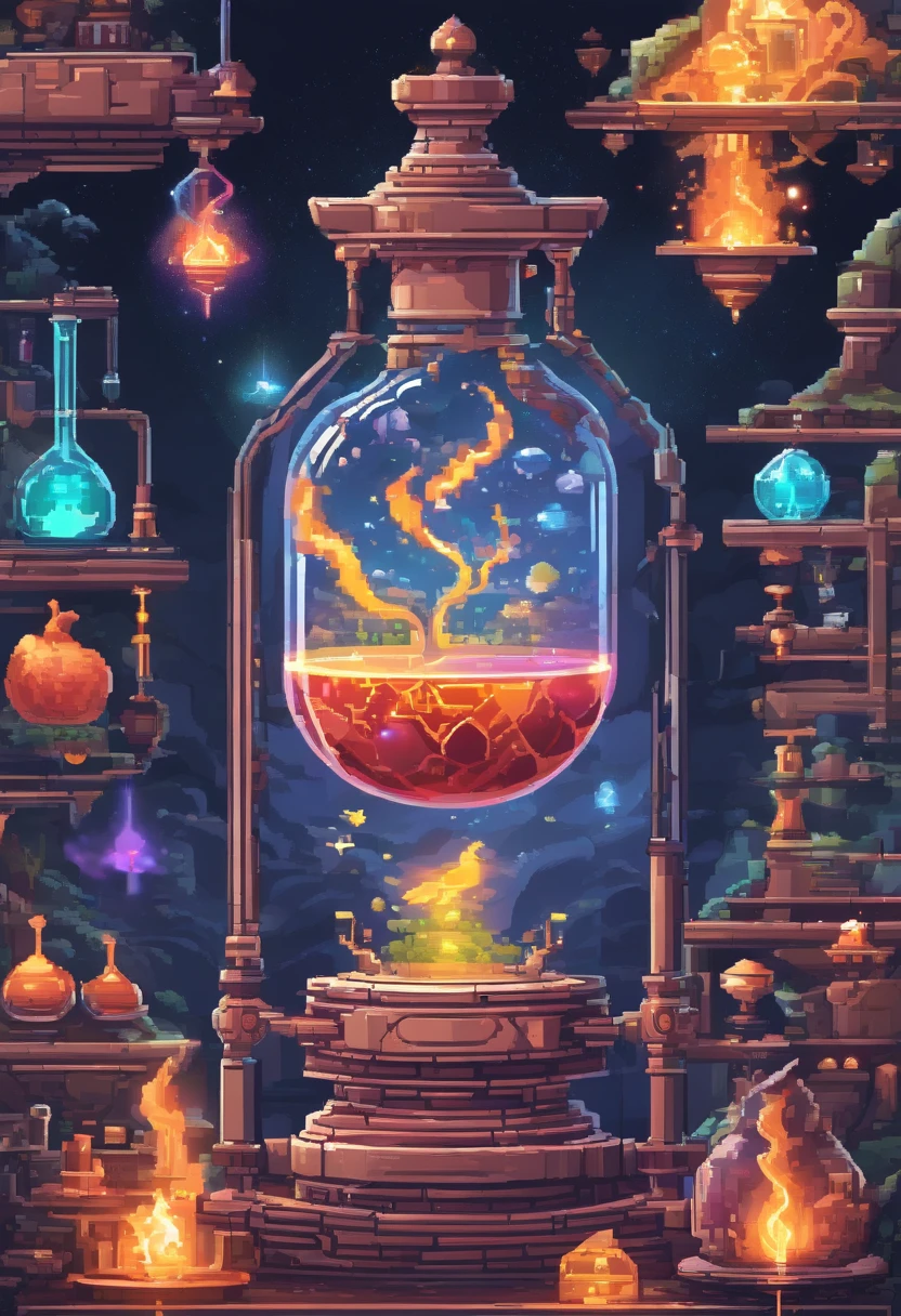 (ultra-detailed,realistic:1.37),alchemy potion,elixir of life,powerful magical glowing potion,vibrant colors,ancient glass flask,bokeh,artistic rendering,lab equipment,laboratory,smoke vapor,swirling mist,science and magic,mystical symbols,power of nature,surreal scene,mysterious ingredients,potion brewing process,alchemy experiment,crystals,energy flow,sparkling effects,suspended elements,intense focus,glowing liquid,glassware,scientific precision,magical transformation,careful measurements,smoke rising,creation of life,immortality,unveiling secrets of the universe,vivid colors blending,shimmering essence,magic creation,light and shadows,details of every drop,enchanted atmosphere,precision and craftsmanship,flashes of light,subtle reflections,perfect balance between art and science