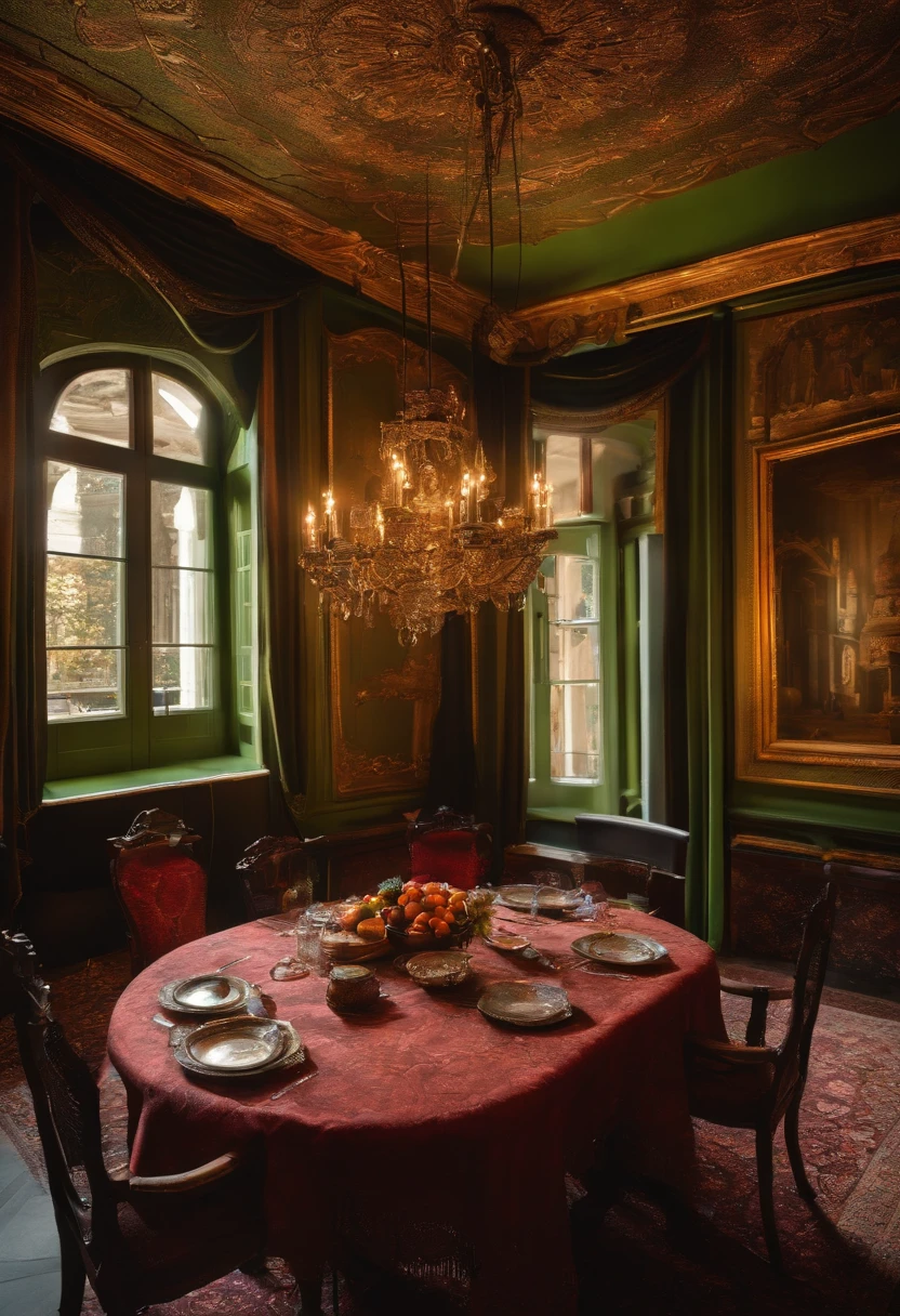 Interior section of the square，Two tables，45 degree angle，wide - angle shot，small rooms